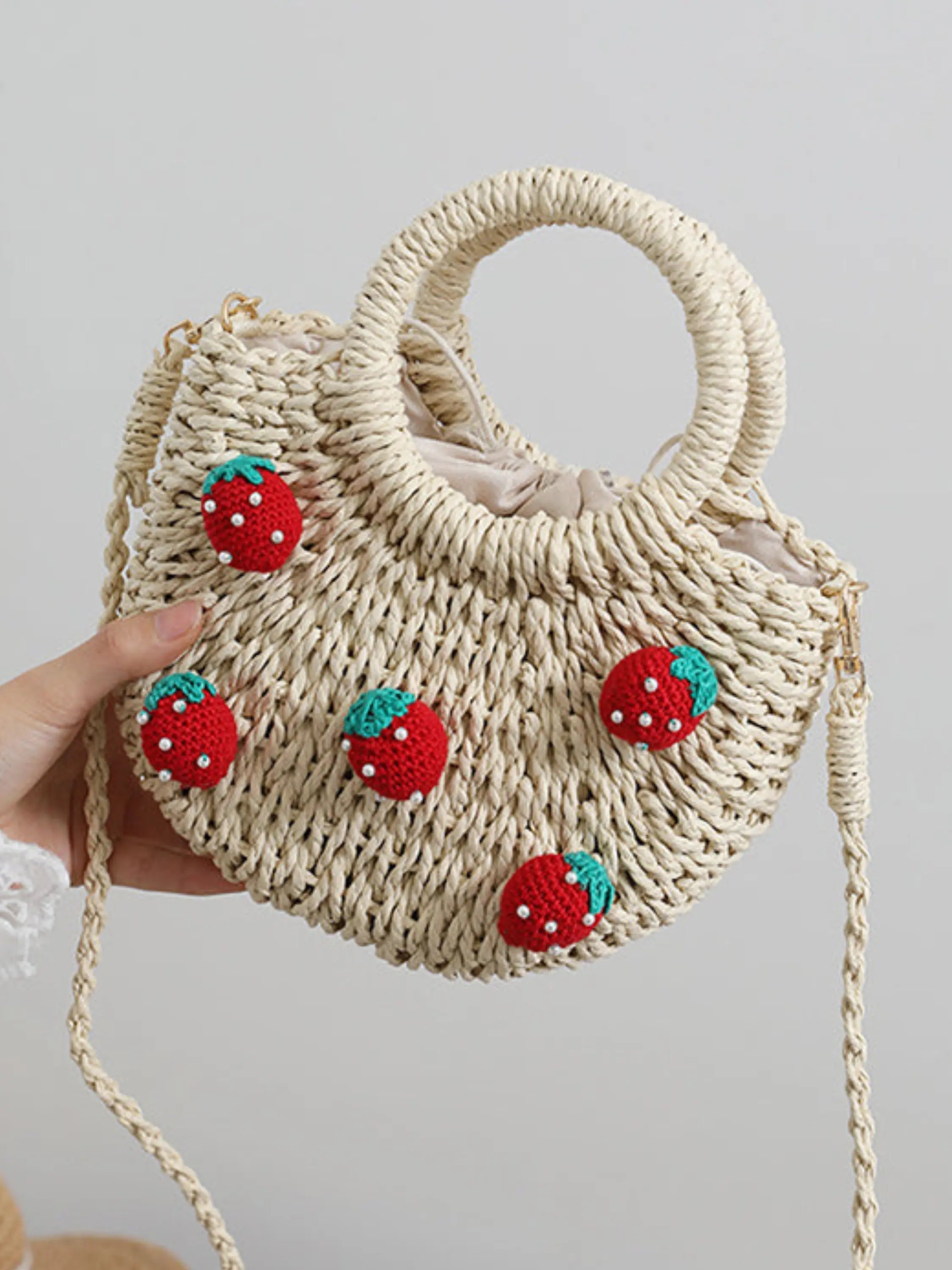 Handmade Straw Tote Bag with Crochet Strawberry Design
