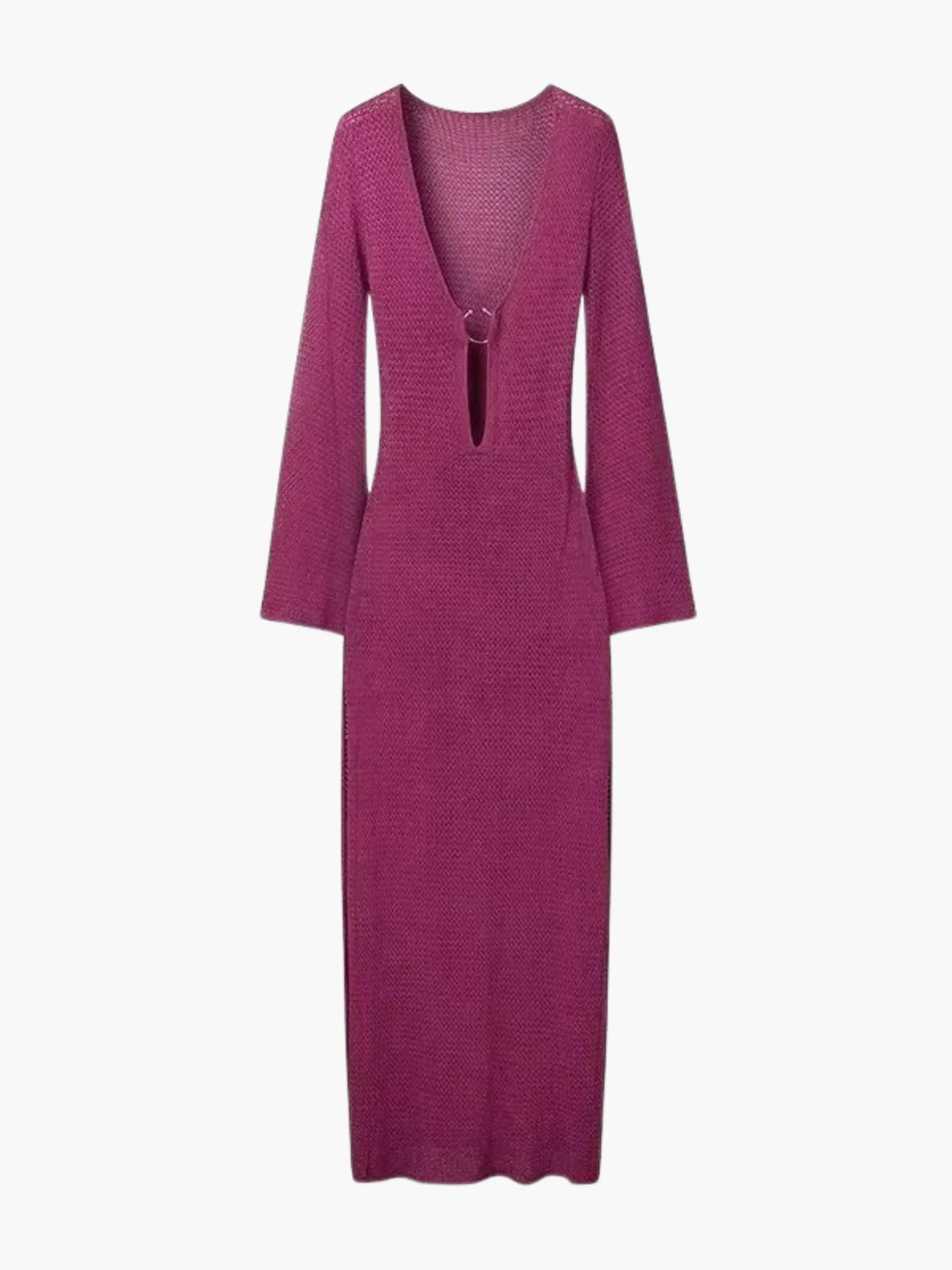 Purple Knit Bell Sleeve Tie-Front Maxi Dress