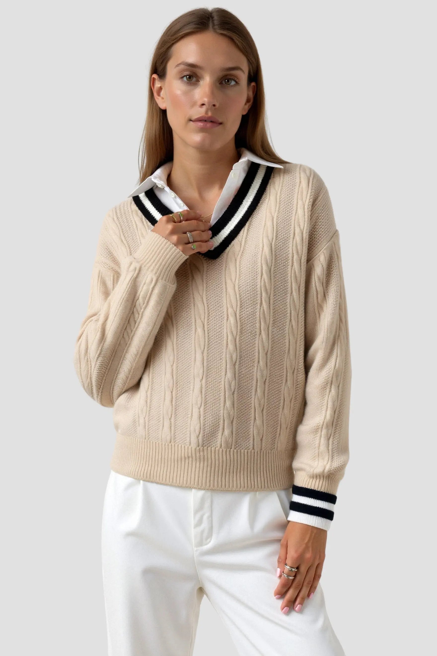 Preppy Cable Knit V-Neck Sweater
