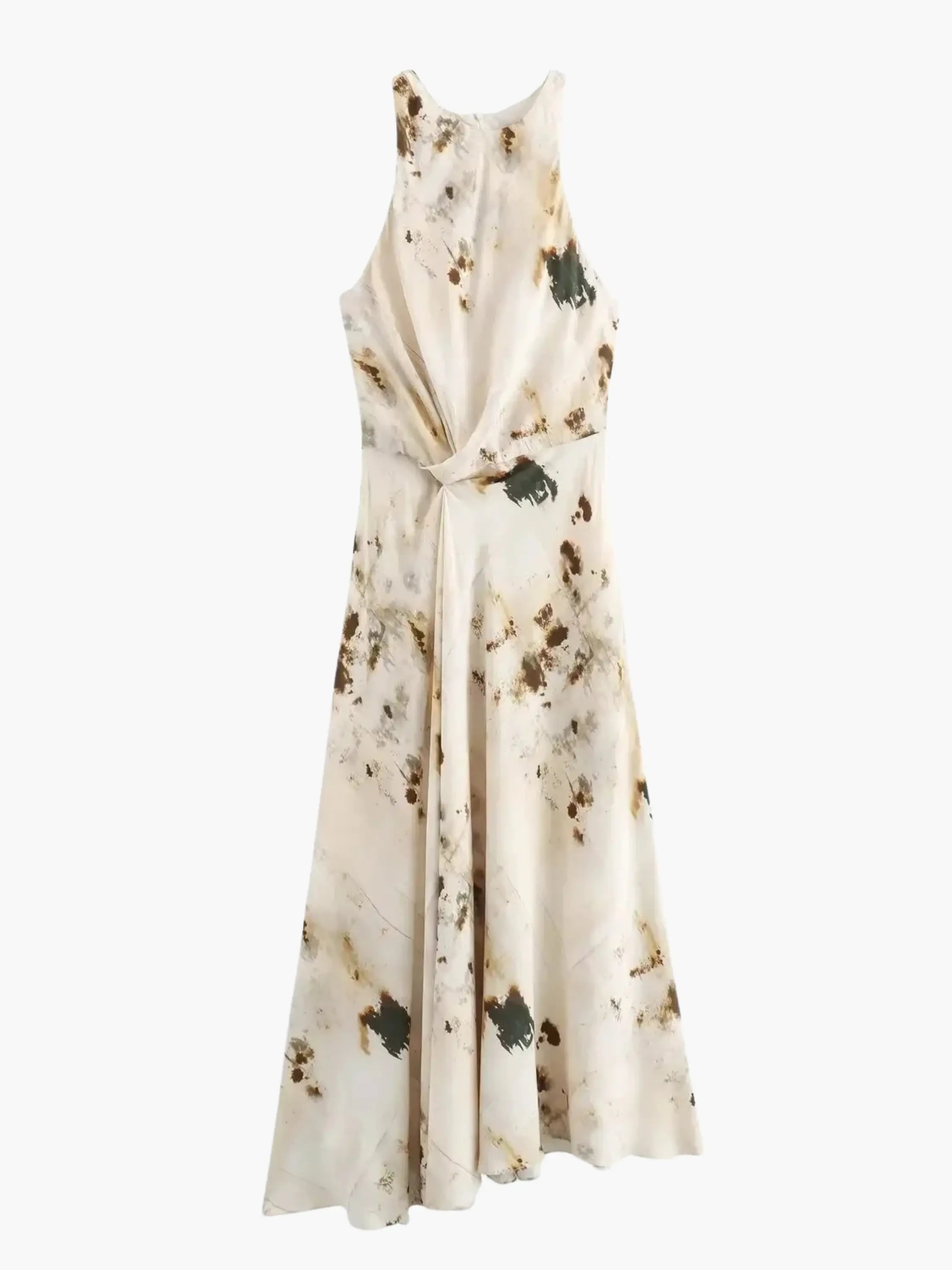 Abstract Print Maxi Dress with Front Knot and Flowy Silhouette