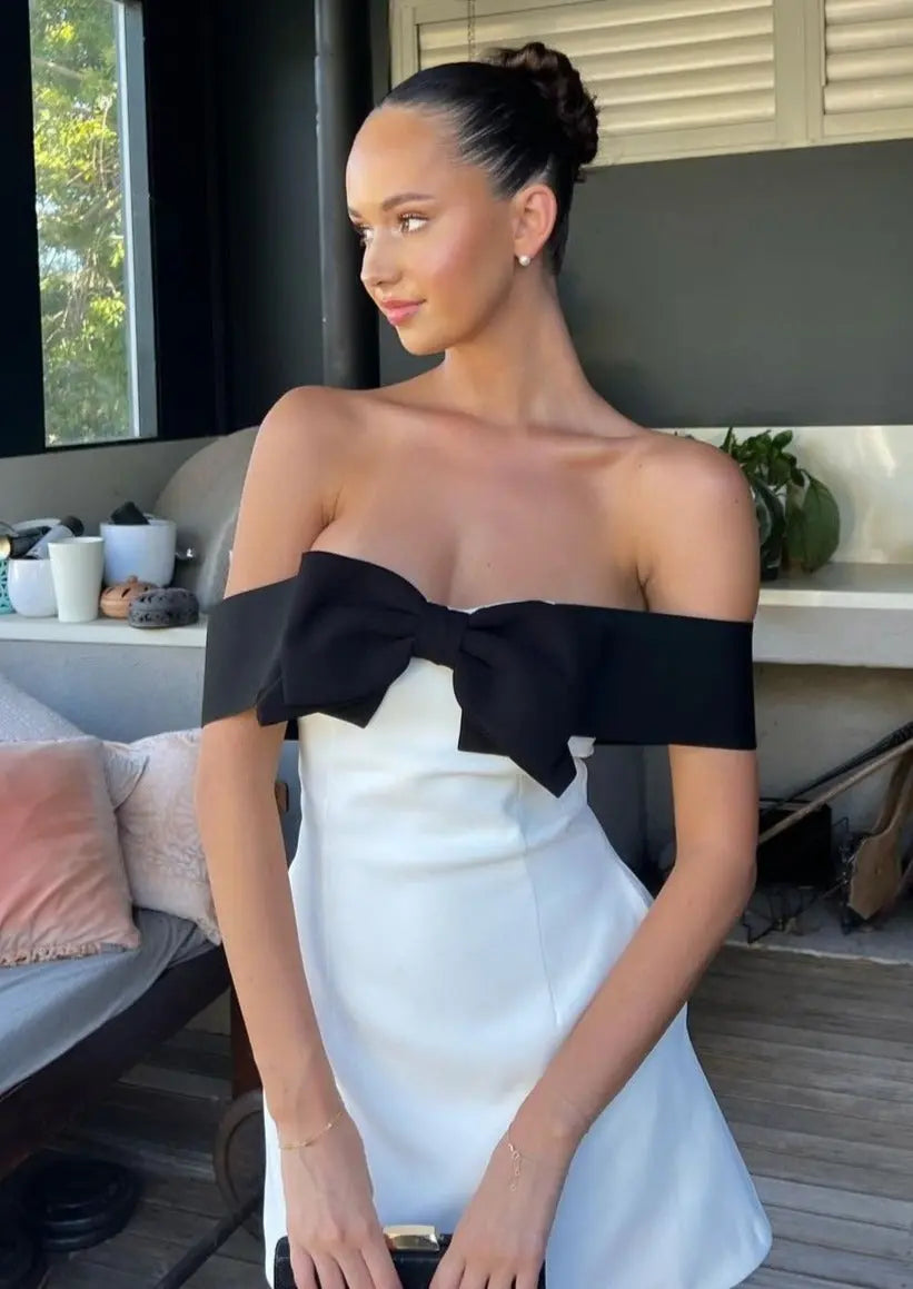 Off-Shoulder Mini Dress with Black Bow Accent