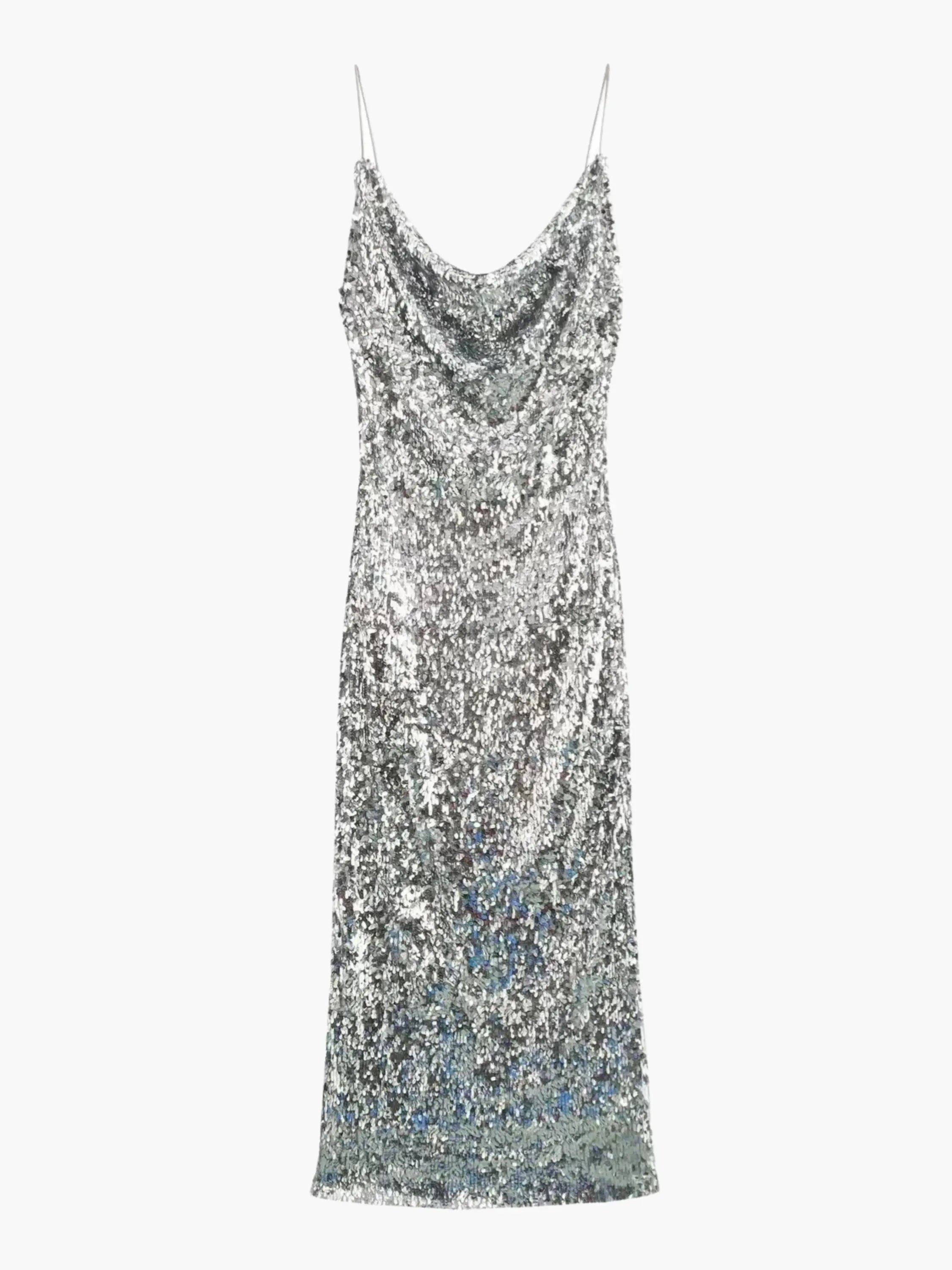 Silver Sequin Cowl Neck Slip Maxi Dress