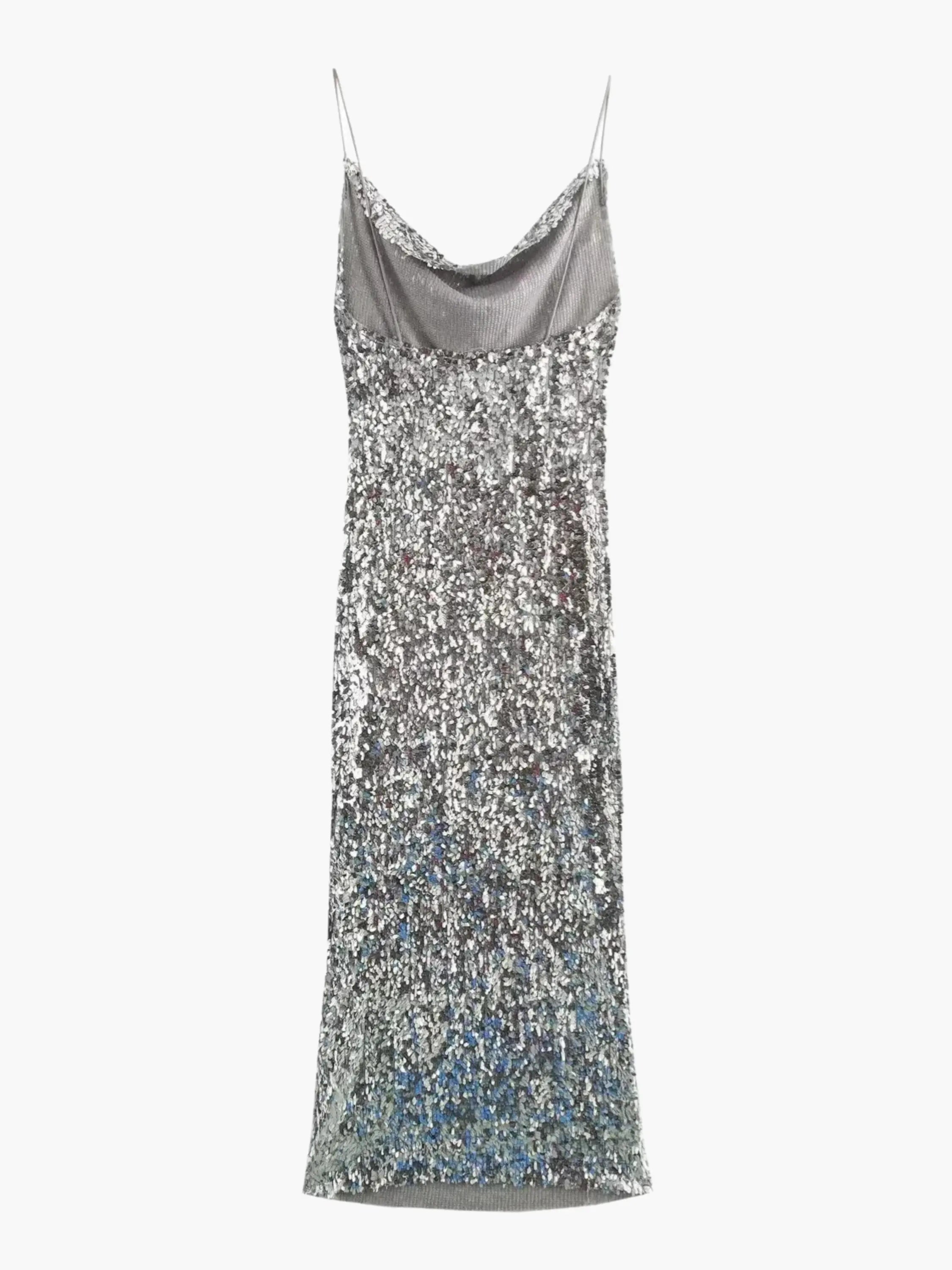 Silver Sequin Cowl Neck Slip Maxi Dress
