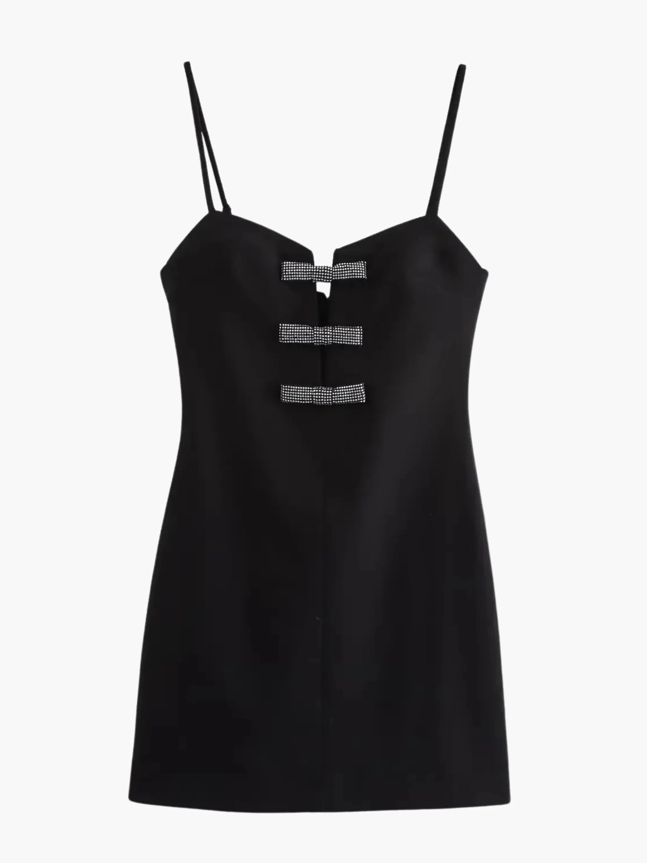 Black Mini Dress with Crystal Bow Accents and Spaghetti Straps