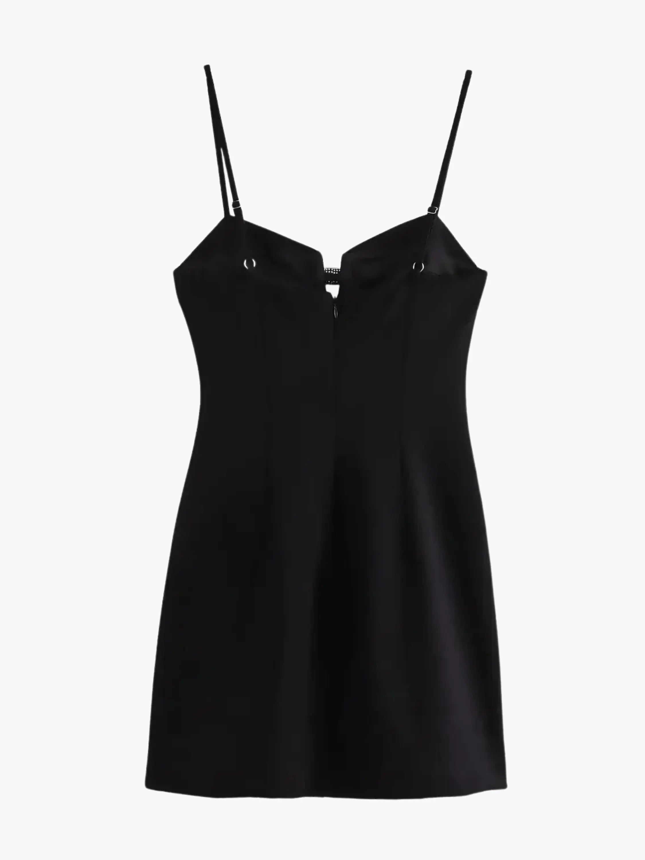 Black Mini Dress with Crystal Bow Accents and Spaghetti Straps