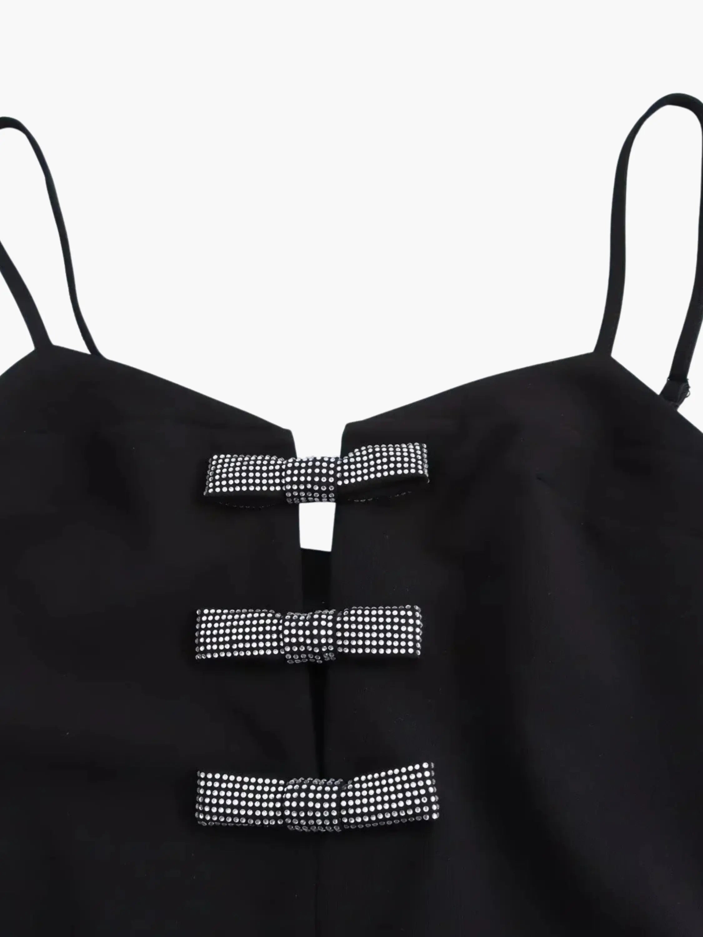 Black Mini Dress with Crystal Bow Accents and Spaghetti Straps