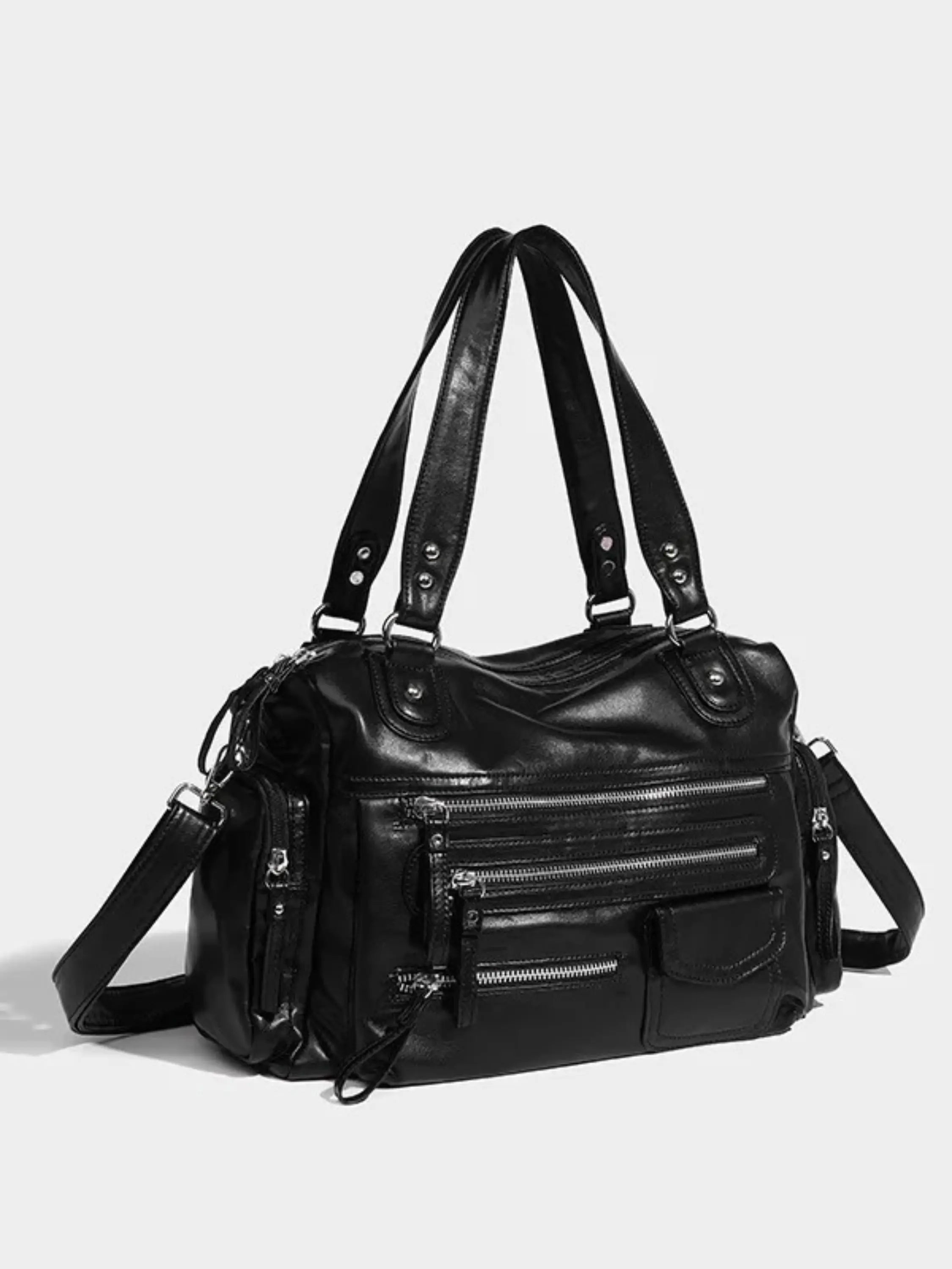 Black Multi-Pocket Leather Handbag
