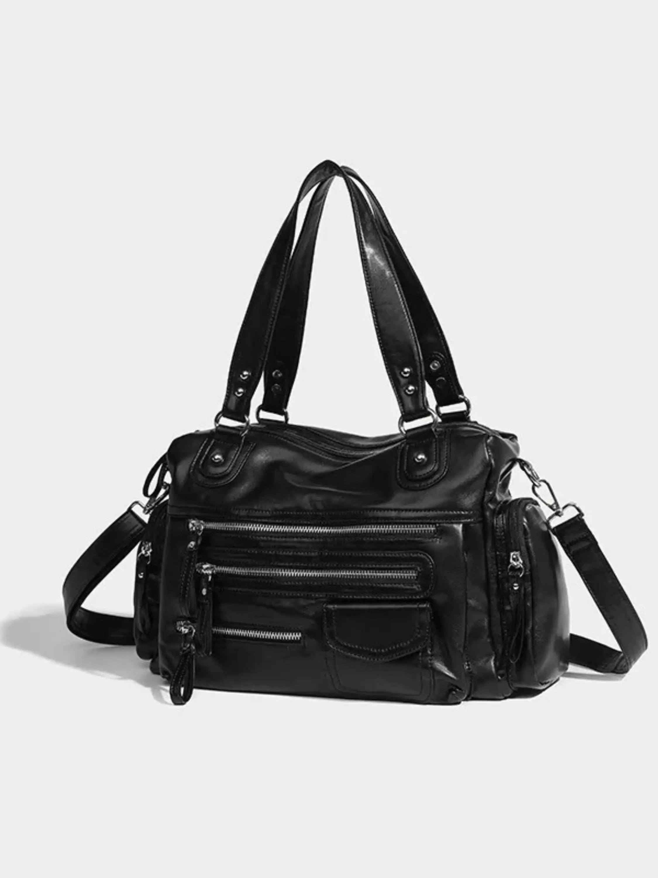 Black Multi-Pocket Leather Handbag