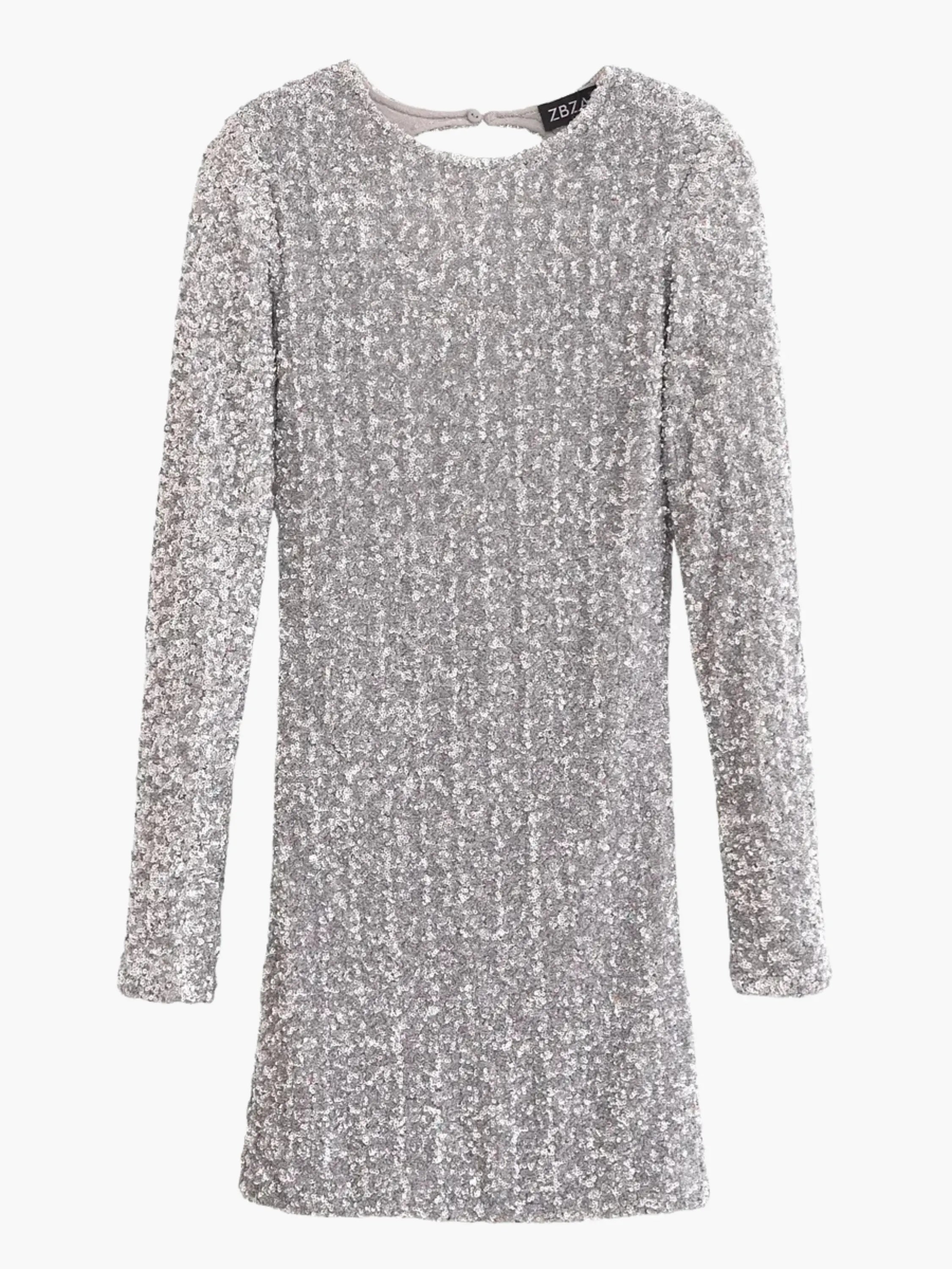 Silver Sequin Long-Sleeve Mini Dress