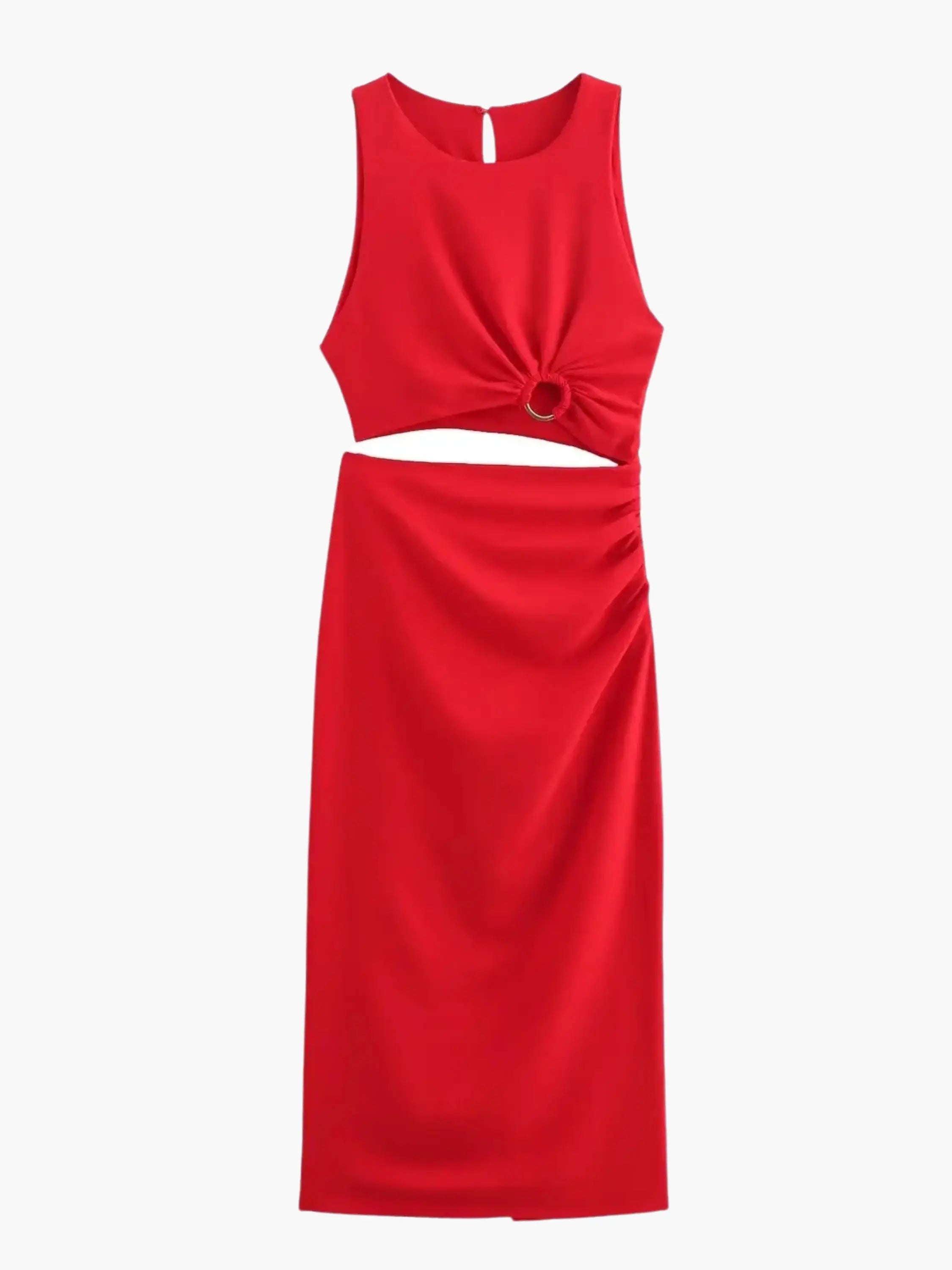 Bold Red Cut-Out Maxi Dress with Knot Detail and Sleek Silhouette
