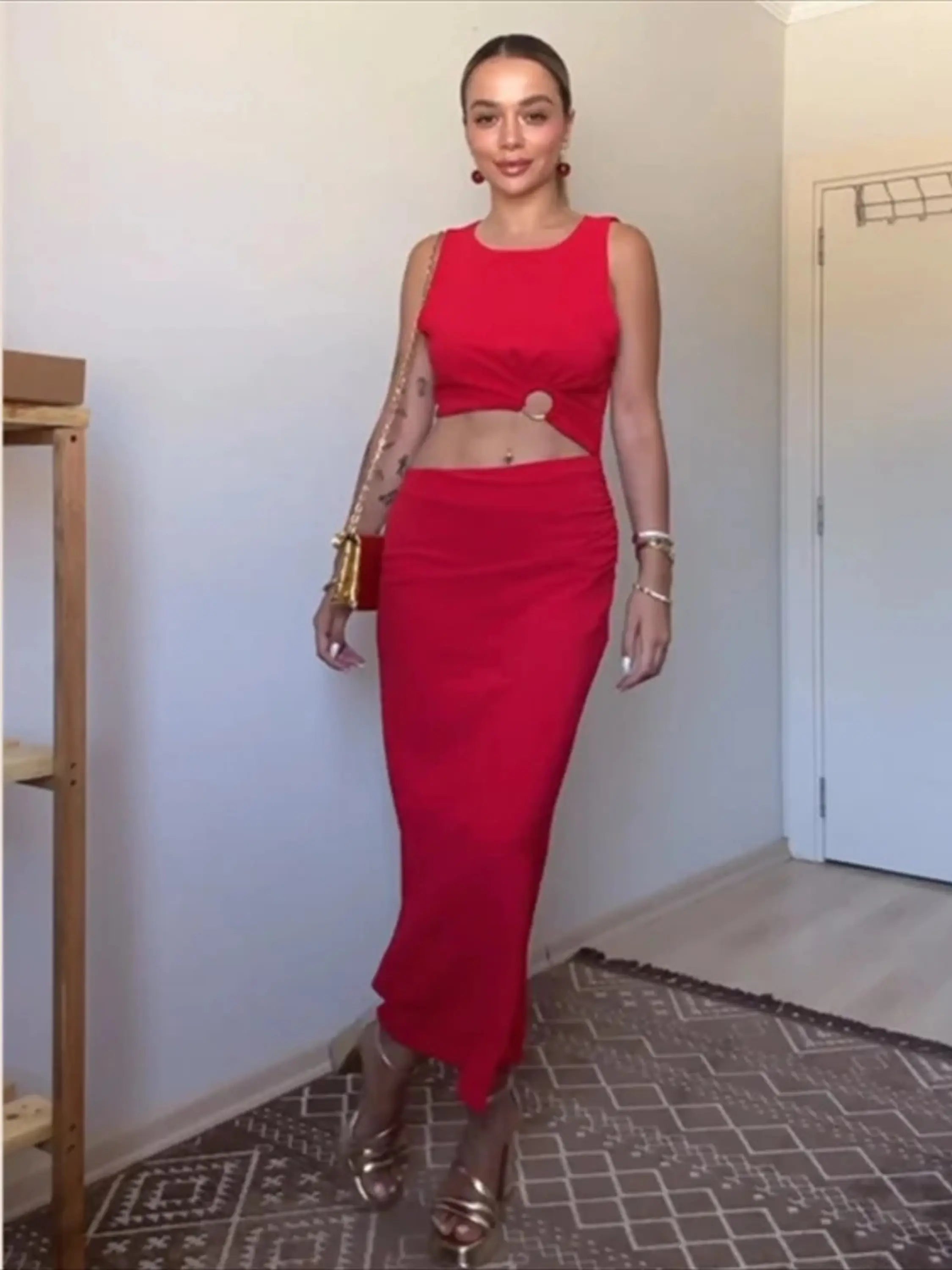 Bold Red Cut-Out Maxi Dress with Knot Detail and Sleek Silhouette