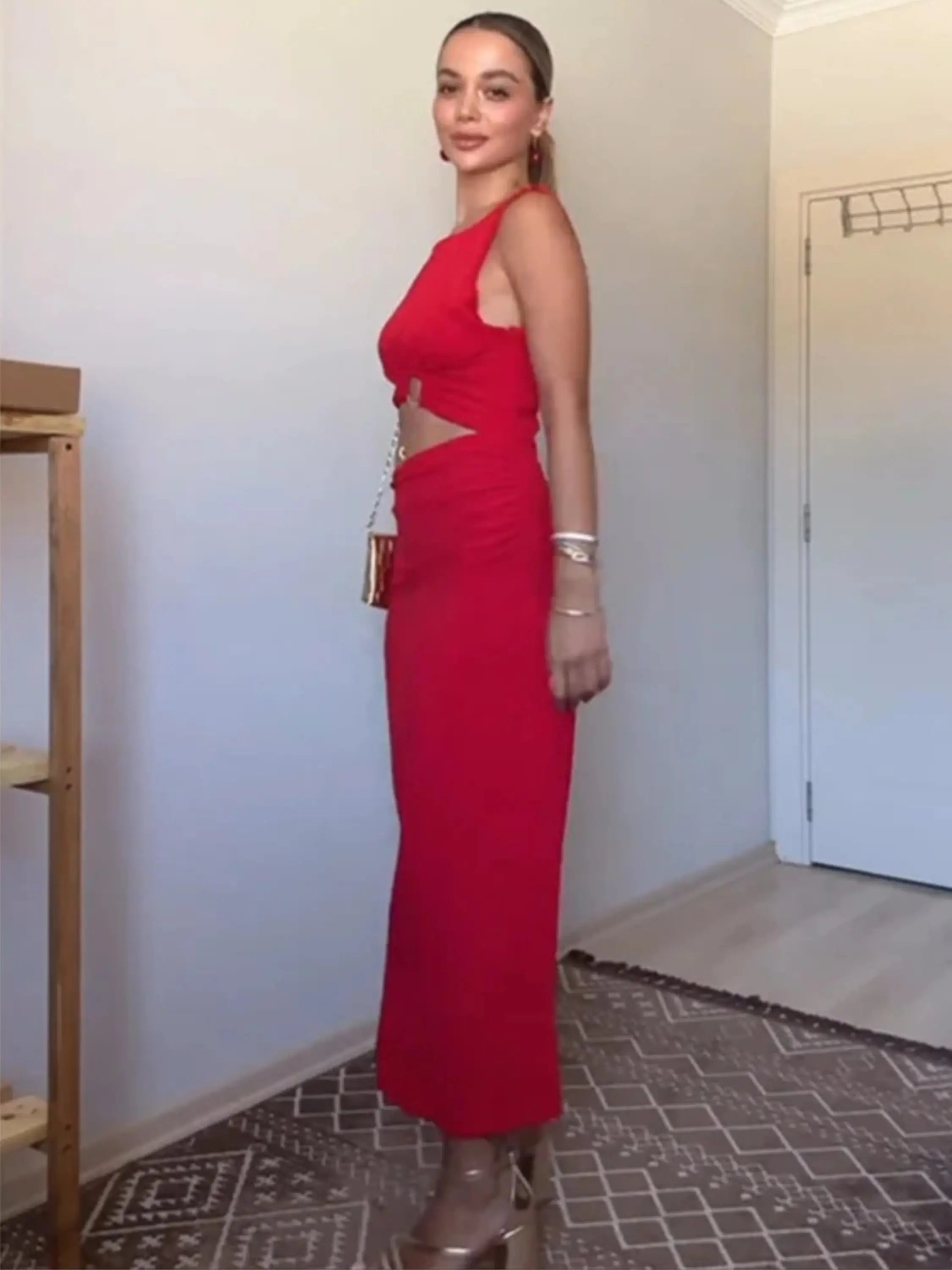 Bold Red Cut-Out Maxi Dress with Knot Detail and Sleek Silhouette