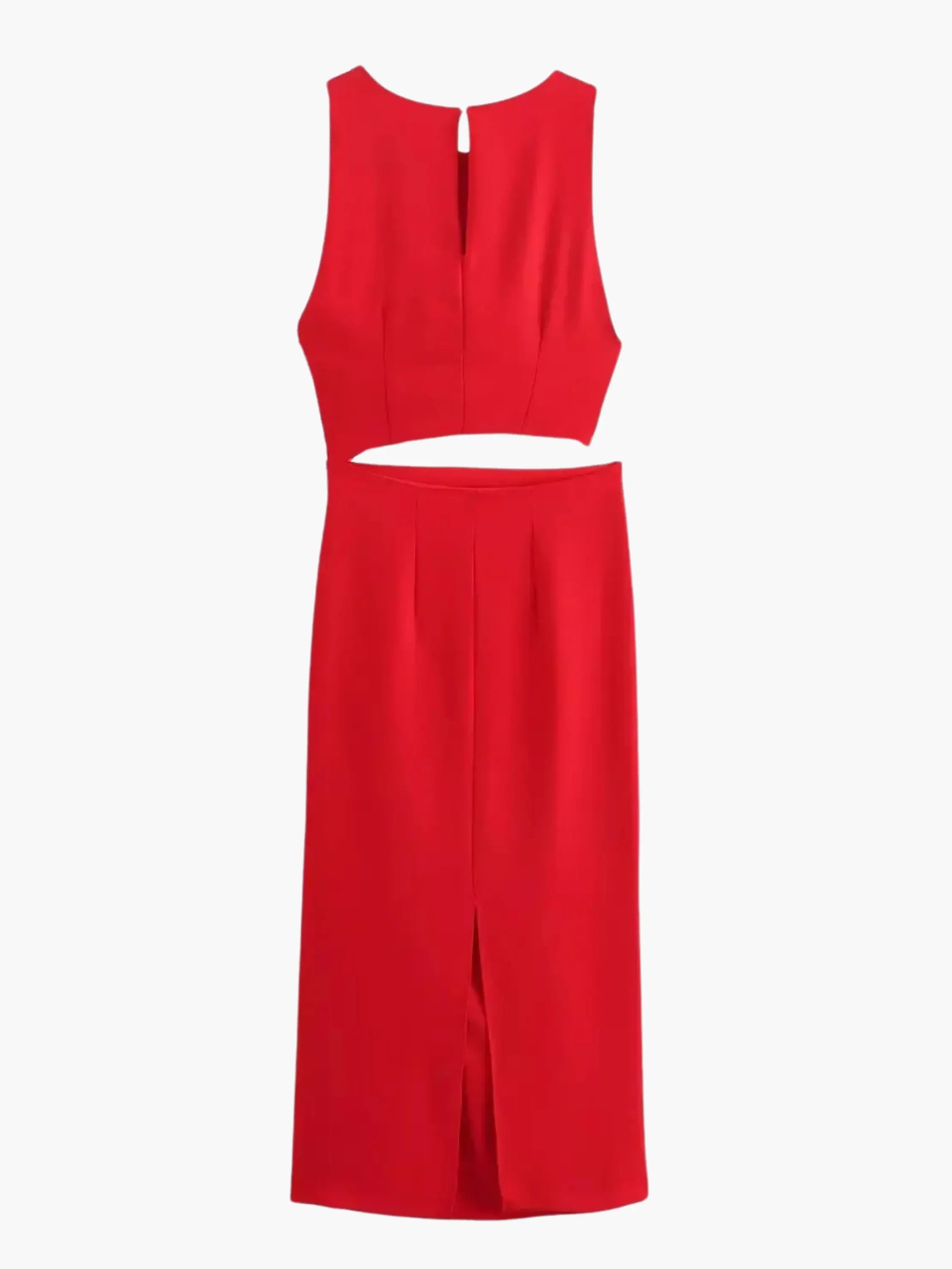 Bold Red Cut-Out Maxi Dress with Knot Detail and Sleek Silhouette
