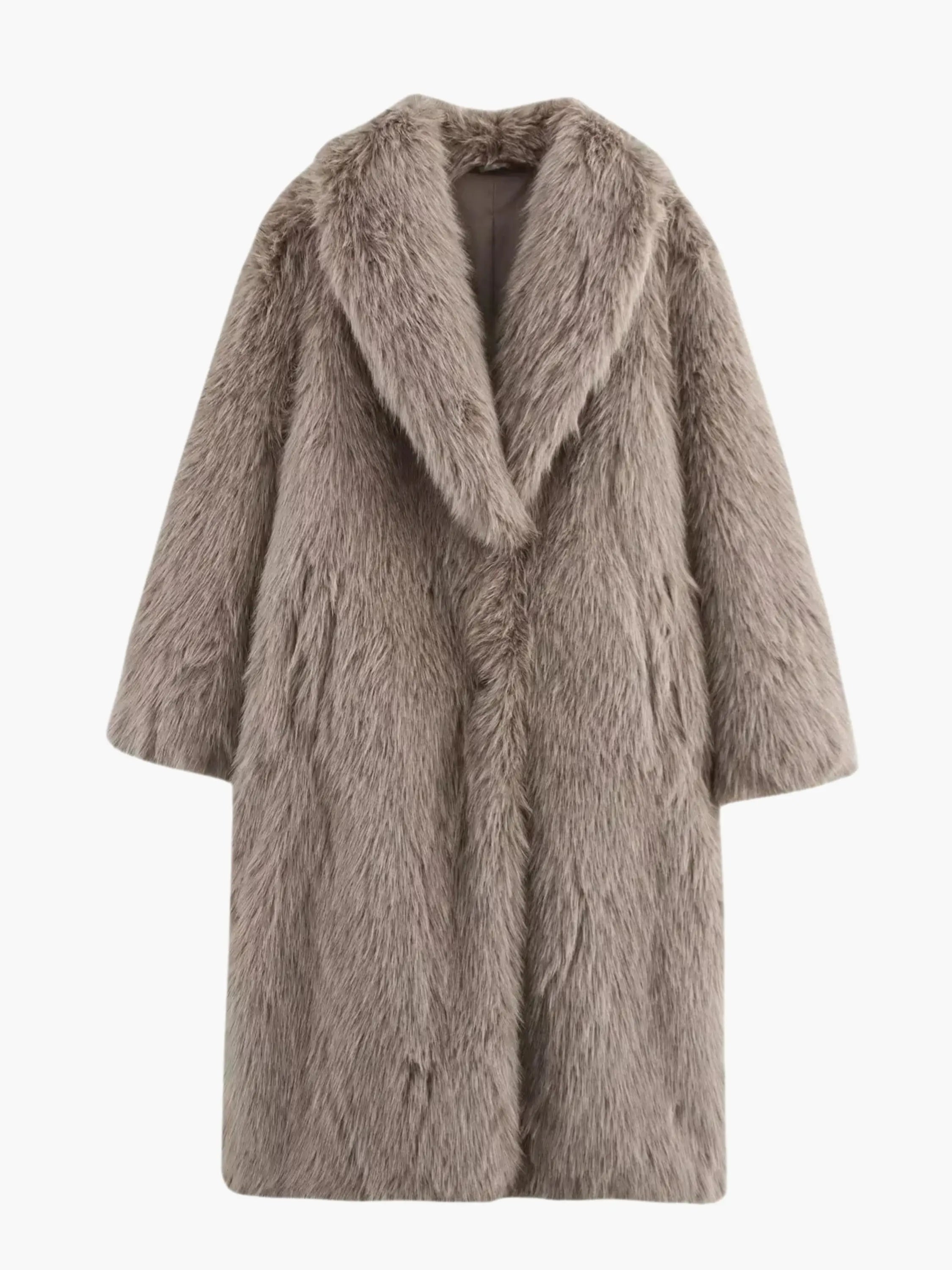 Elegant Long Faux Fur Coat in Taupe