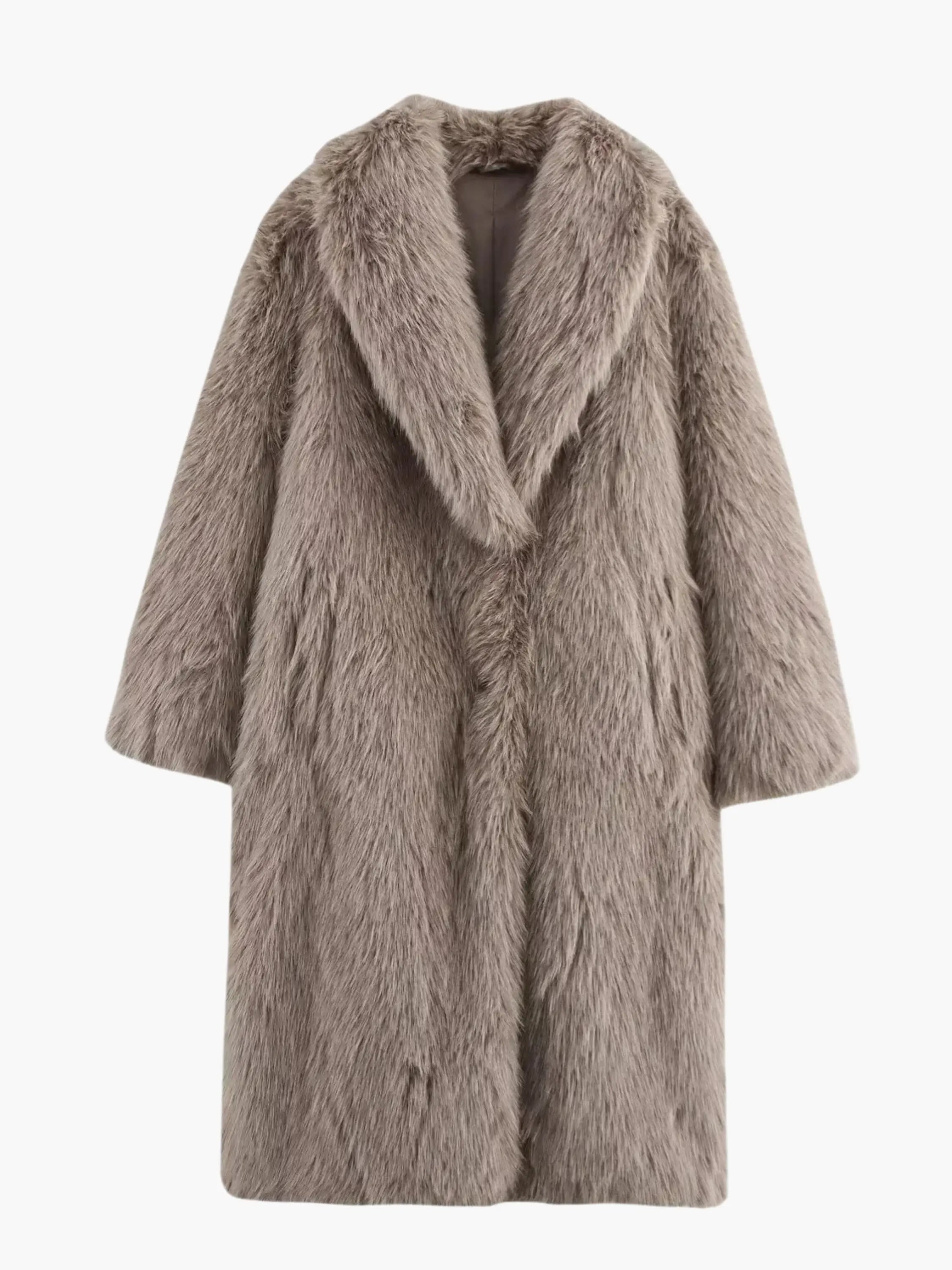 Elegant Long Faux Fur Coat in Taupe