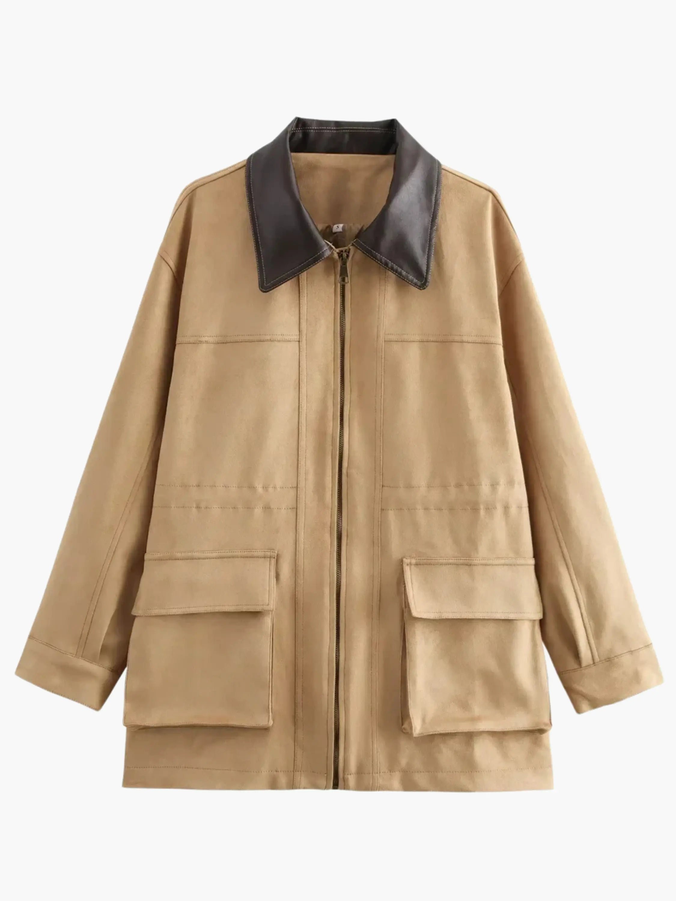 Women's Casual Long Coat with Contrast Collar and Utility Pockets