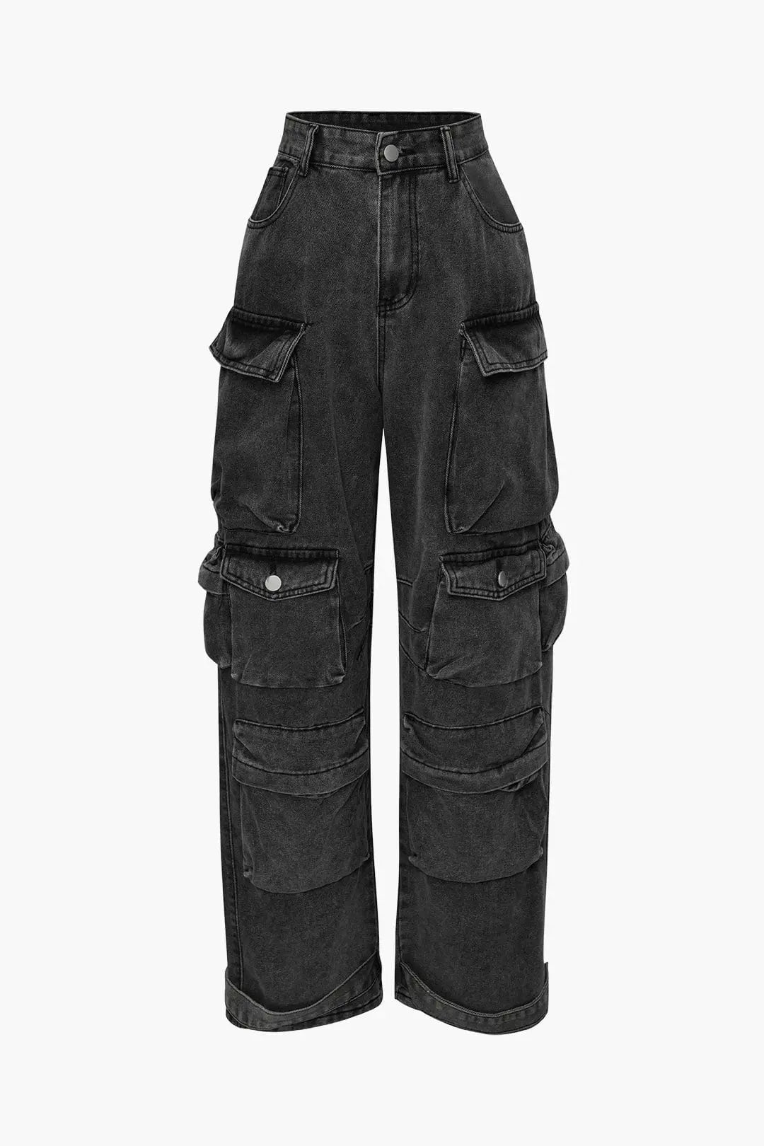 Washed Black Cargo Jeans with Multi-Pocket Design
