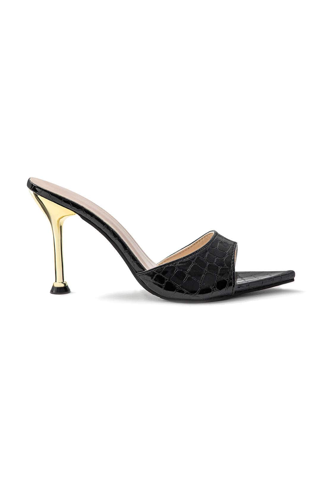 Isabelle Luxe Black Croc Embossed Mule Heels combine elegance