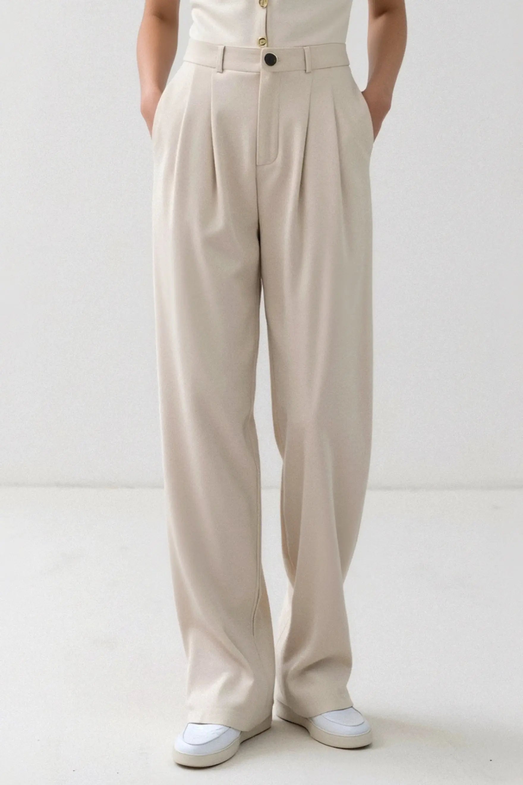 Elegant Tailored Pleat Trousers in Beige