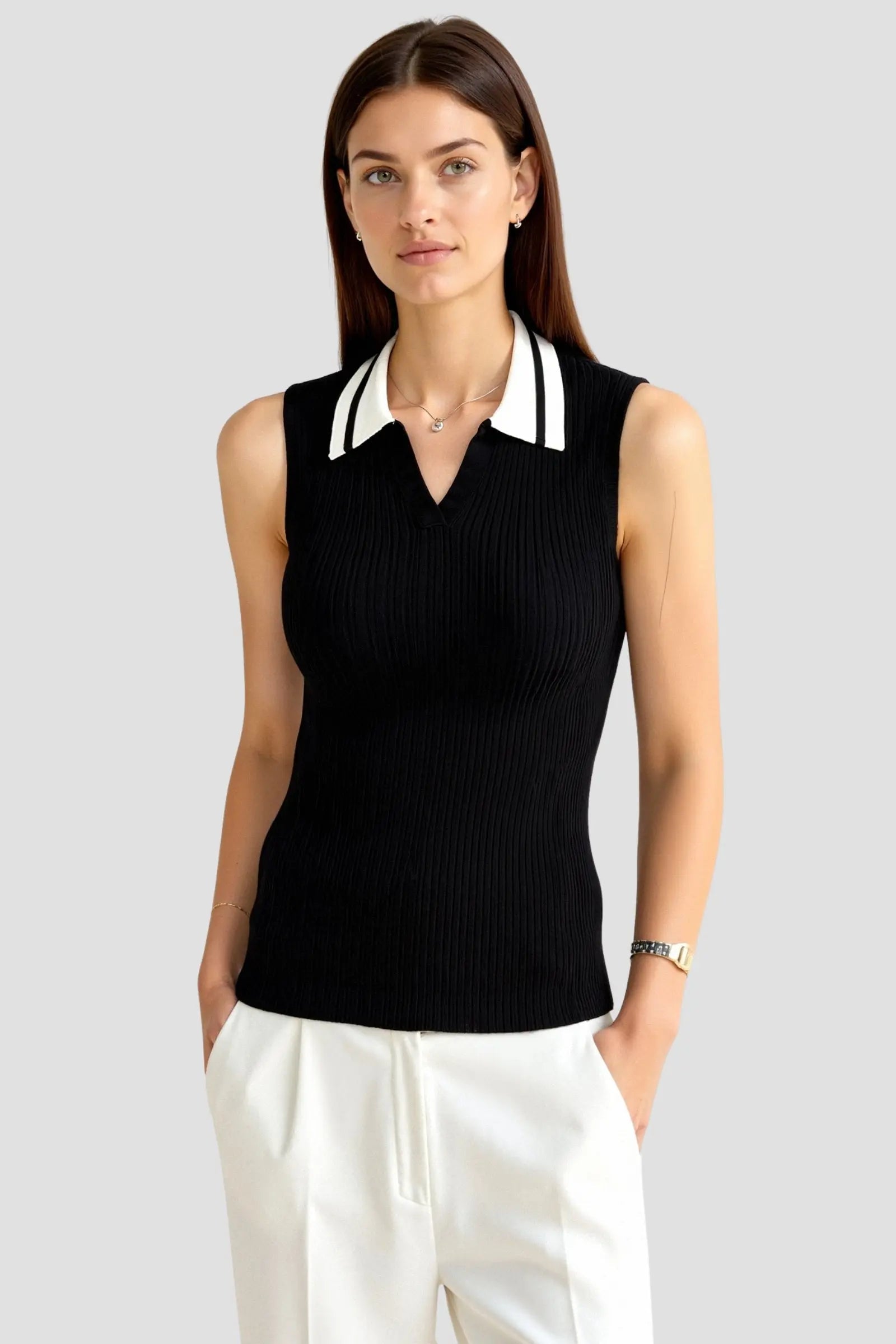 Contrast-Collar Sleeveless Top