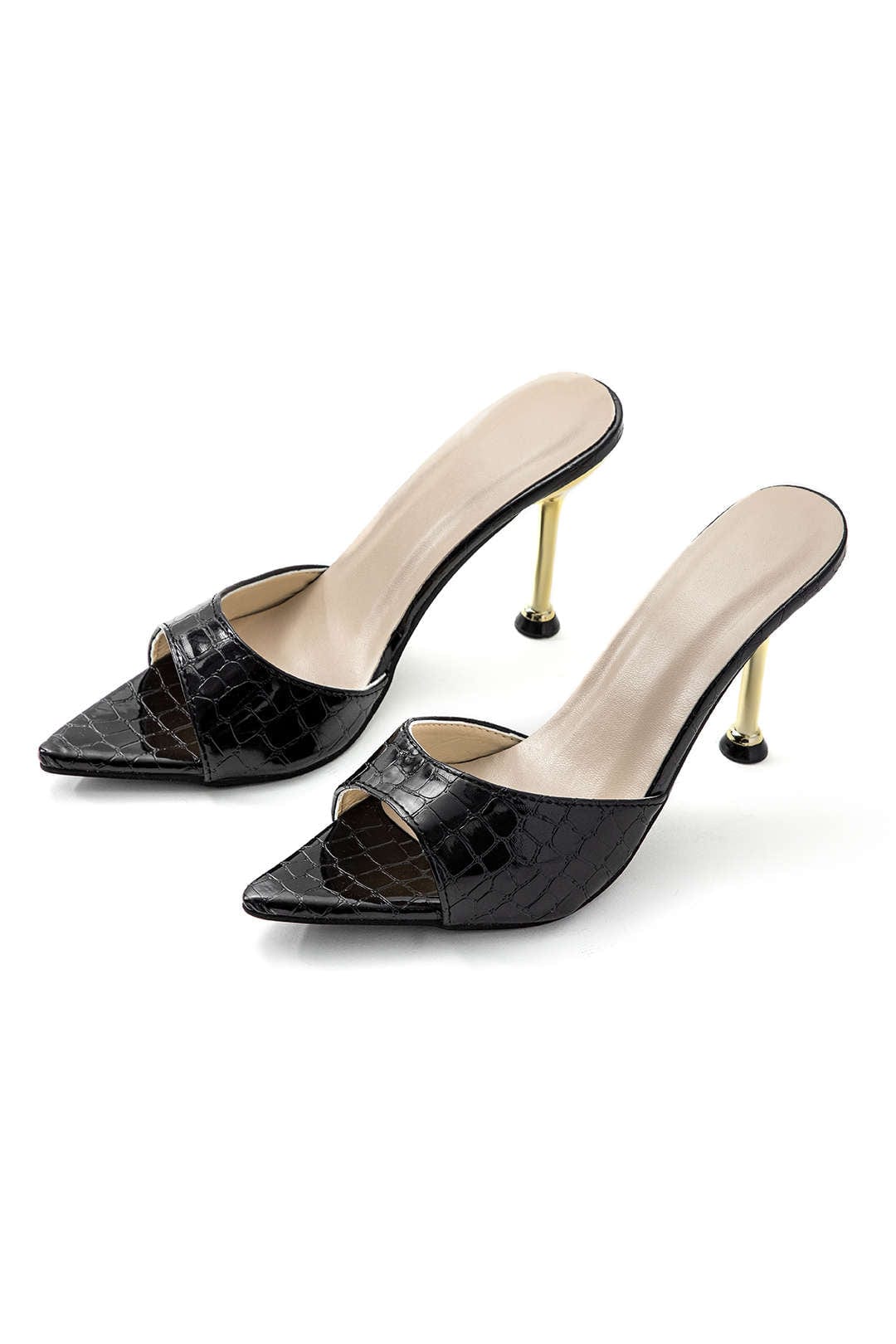 Isabelle Luxe Black Croc Embossed Mule Heels combine elegance