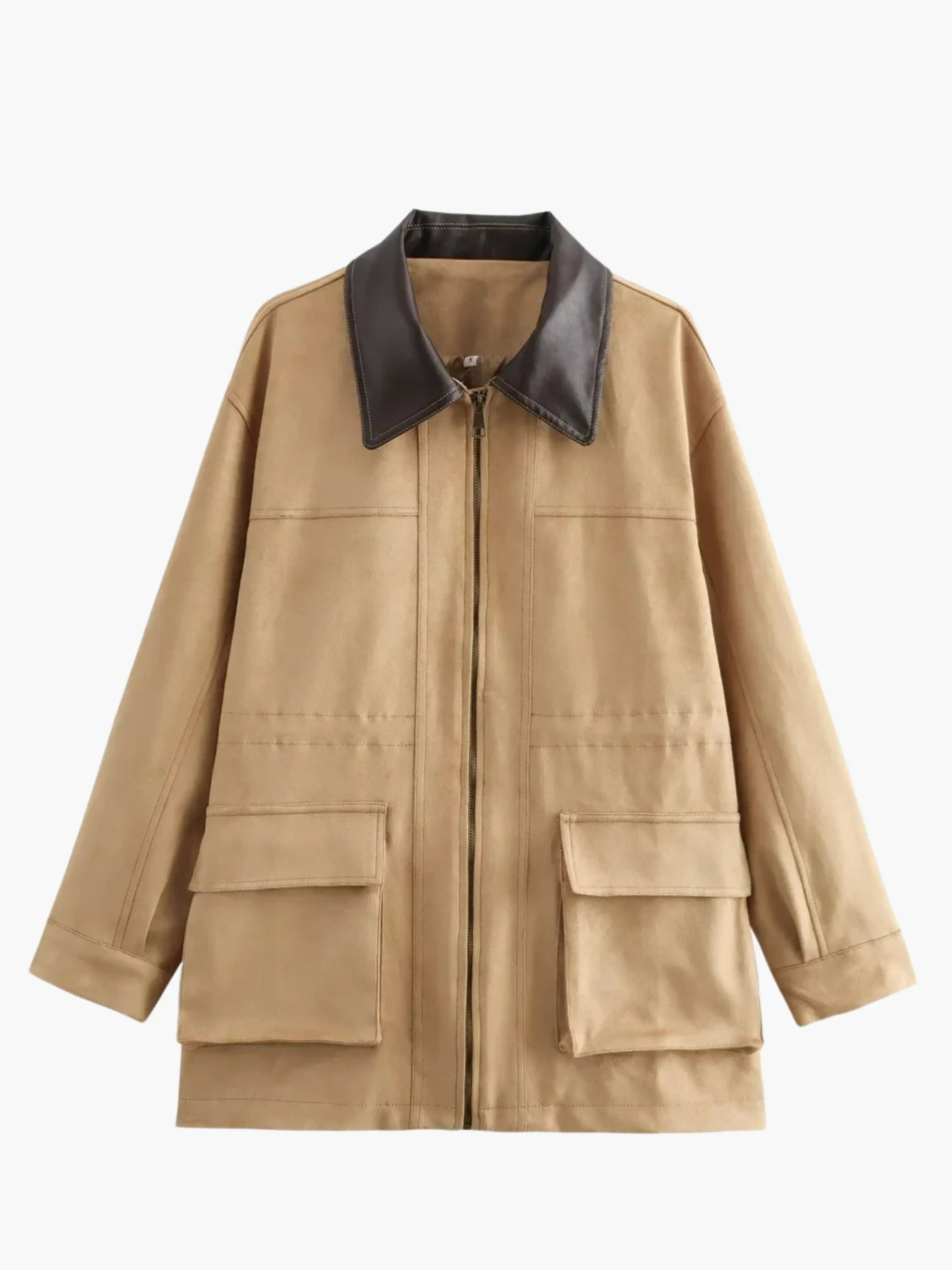 Women's Casual Long Coat with Contrast Collar and Utility Pockets