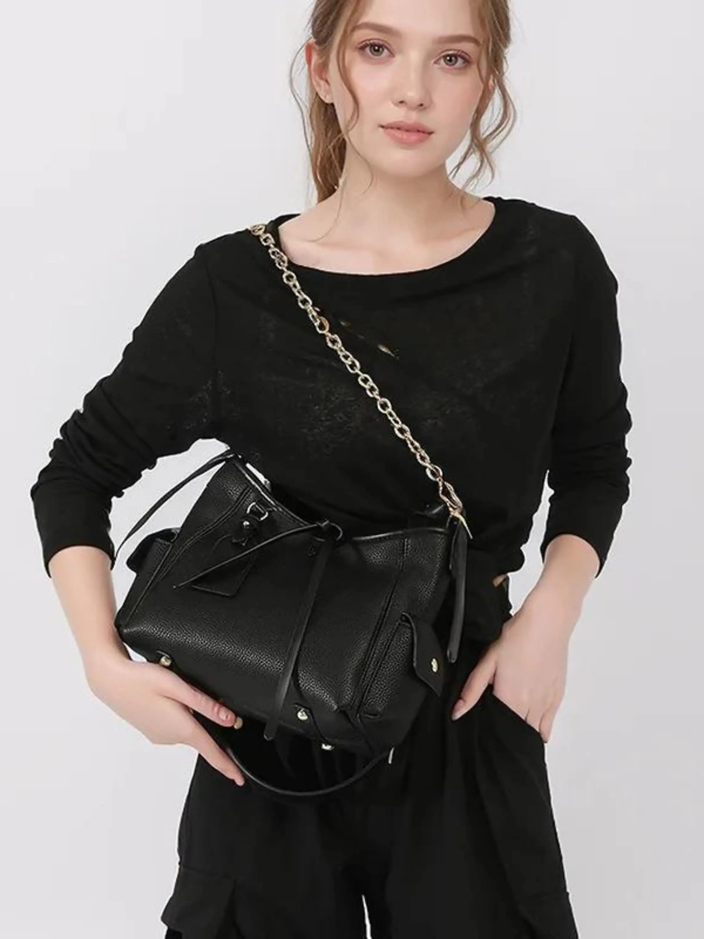 Black Leather Shoulder Bag with Chain Accent
