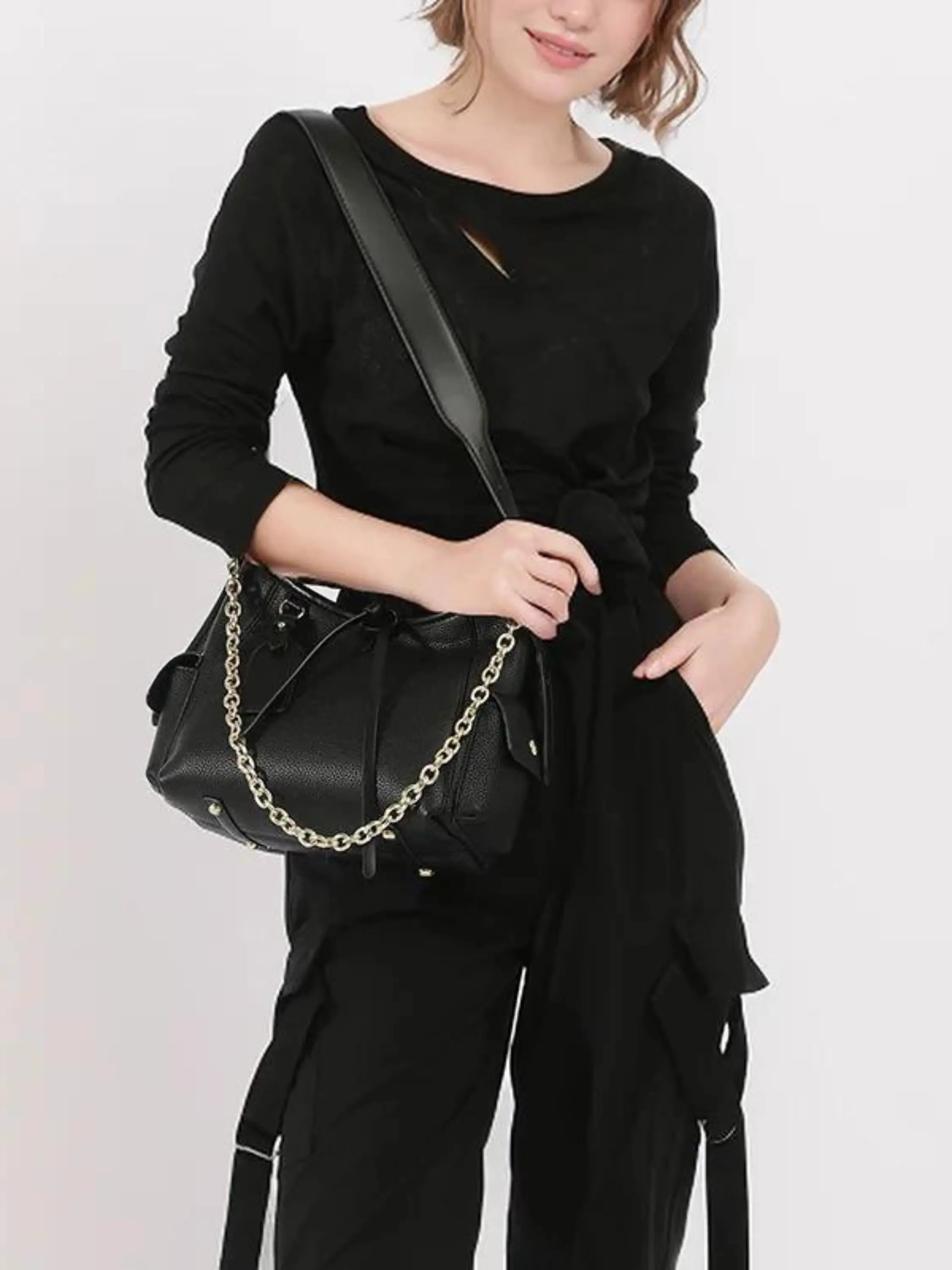 Black Leather Shoulder Bag with Chain Accent