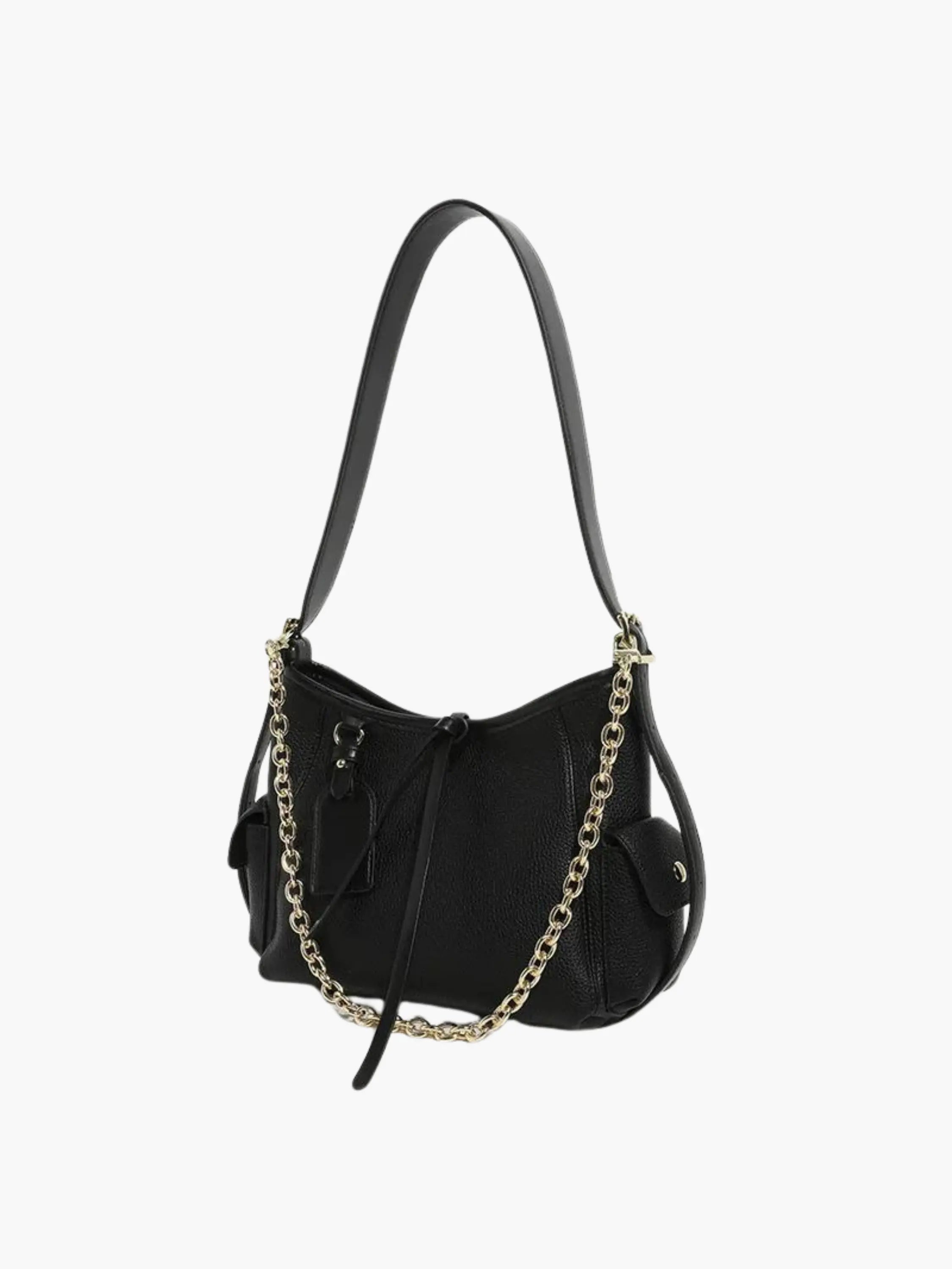 Black Leather Shoulder Bag with Chain Accent