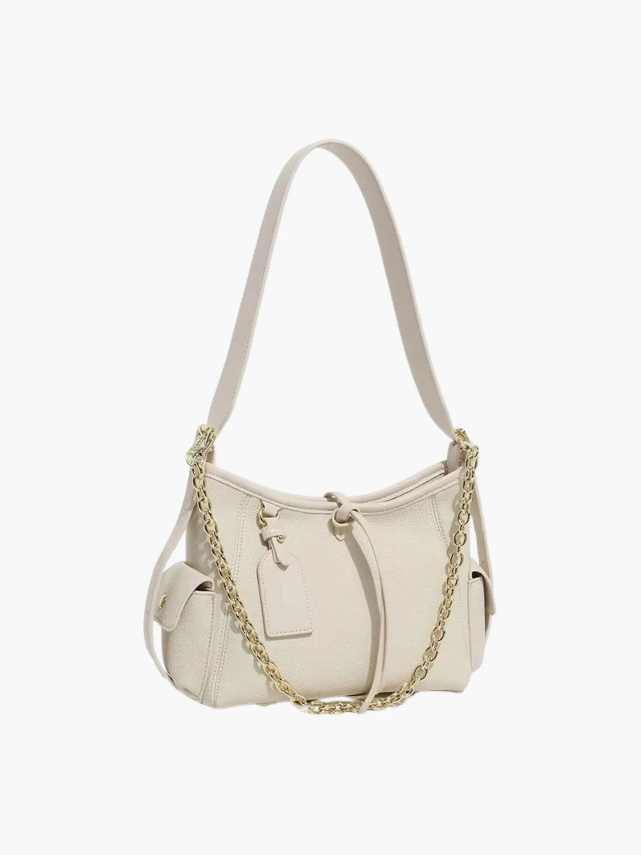 Black Leather Shoulder Bag with Chain Accent