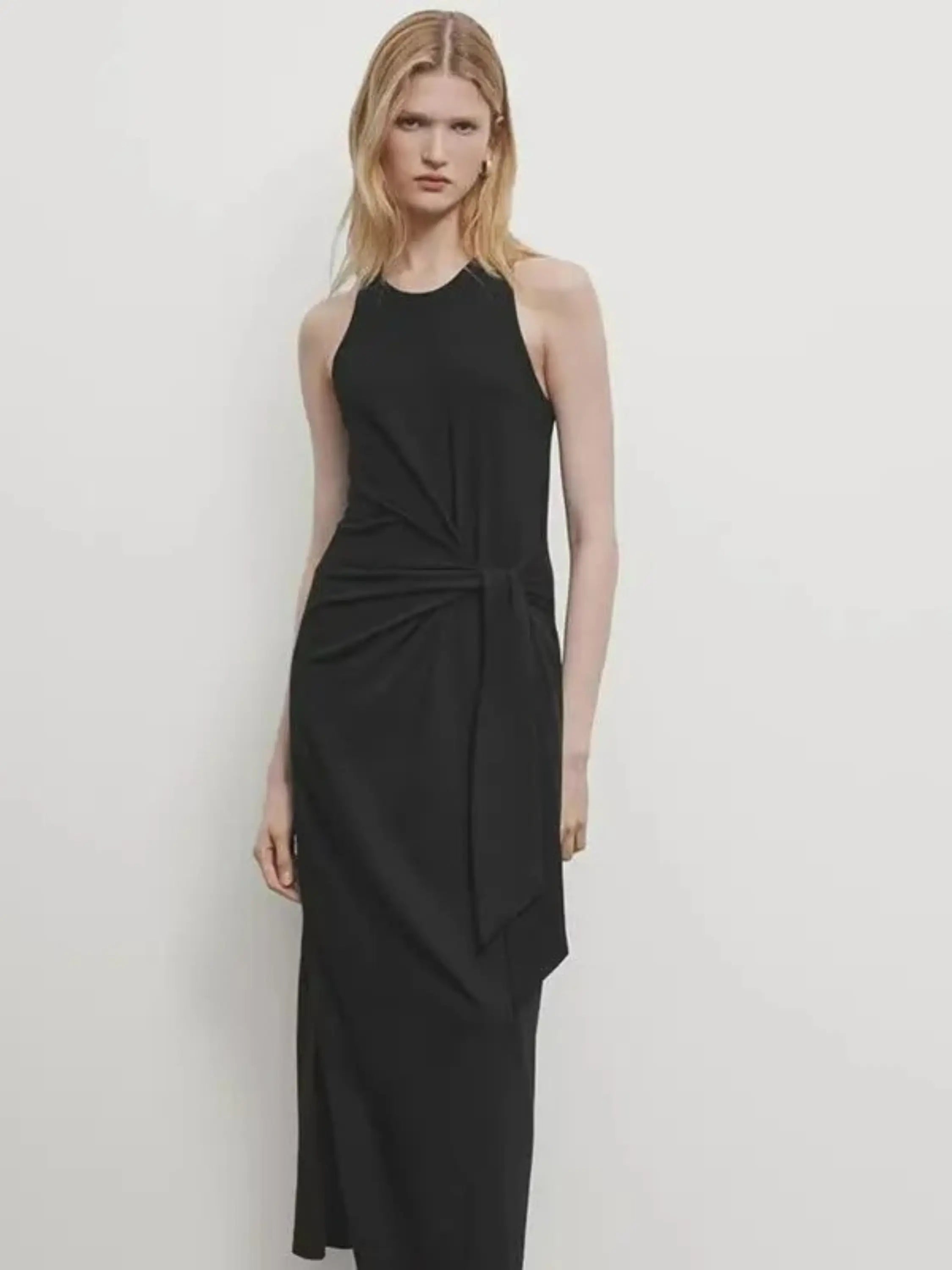 Beige Sleeveless Maxi Dress with Front Knot Detail