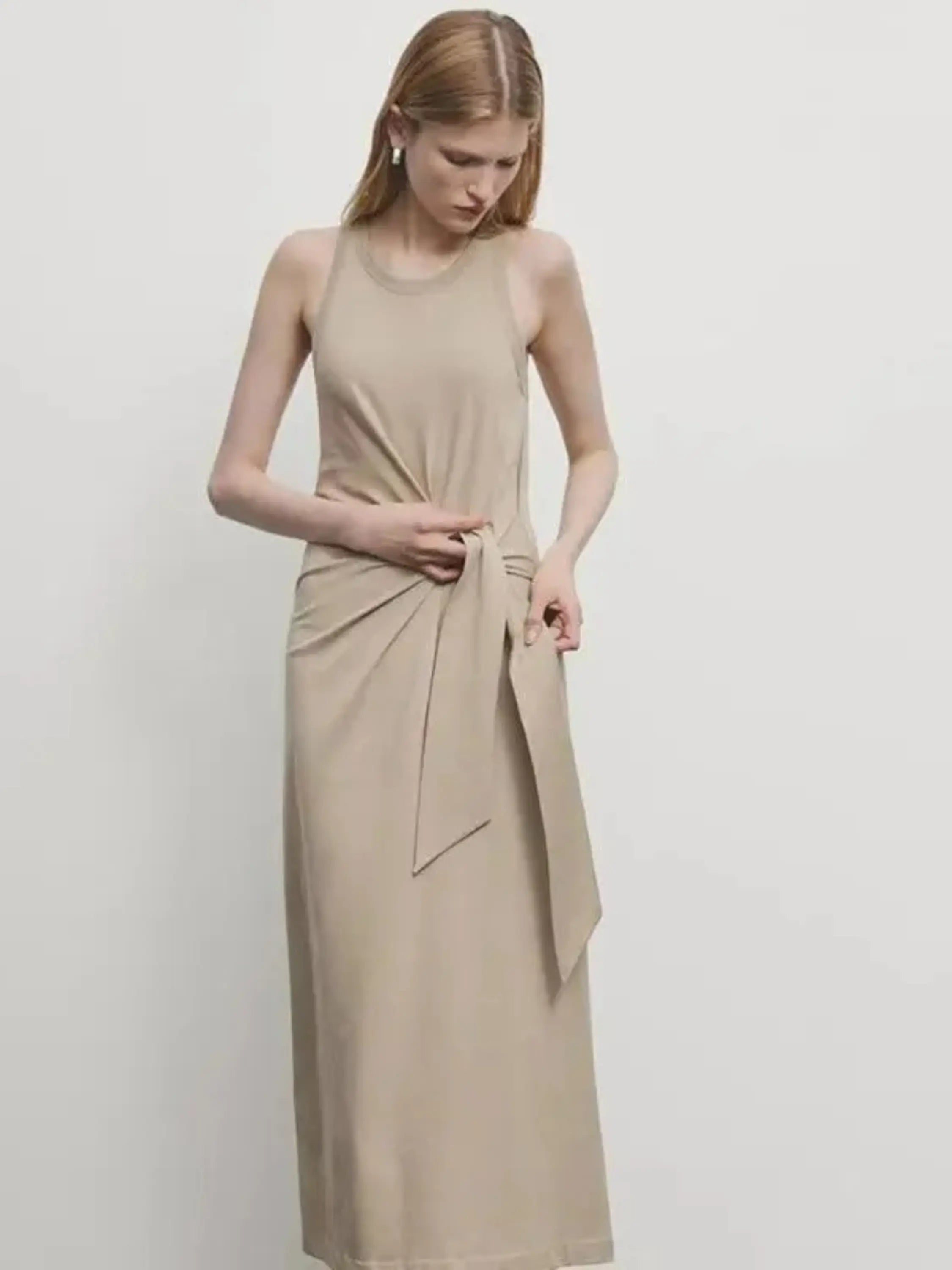 Beige Sleeveless Maxi Dress with Front Knot Detail