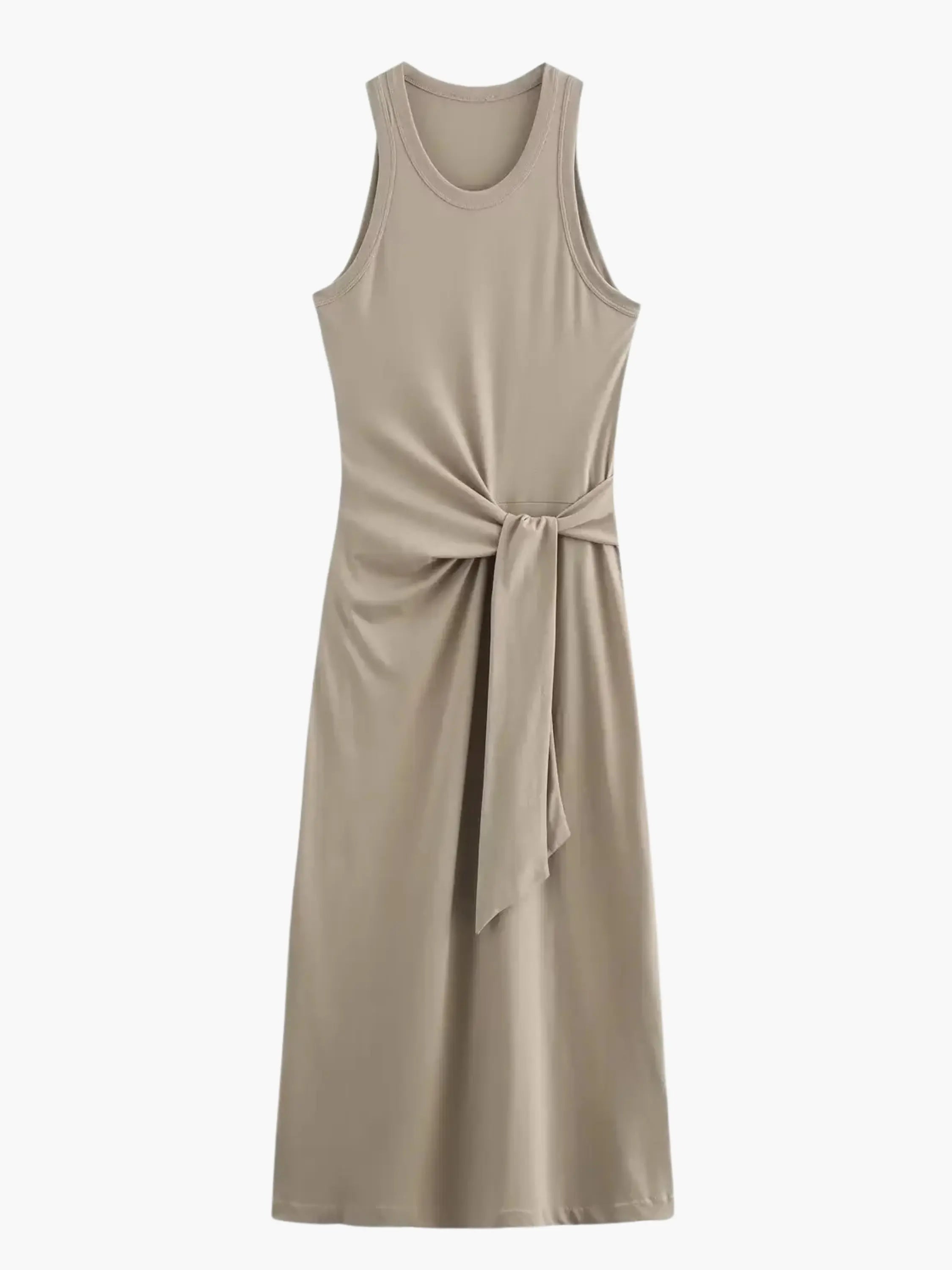Beige Sleeveless Maxi Dress with Front Knot Detail