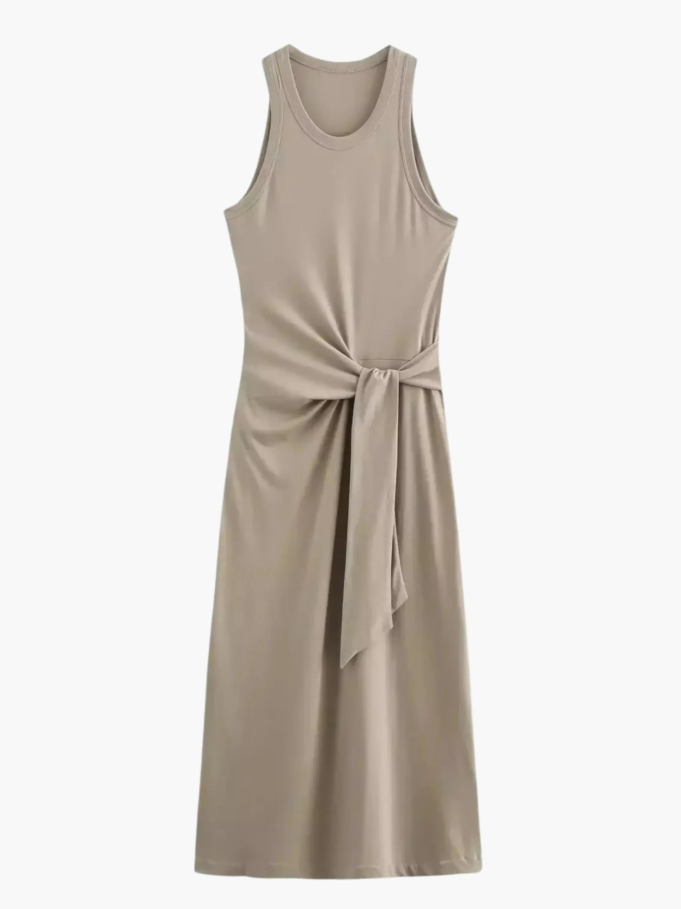 Beige Sleeveless Maxi Dress with Front Knot Detail