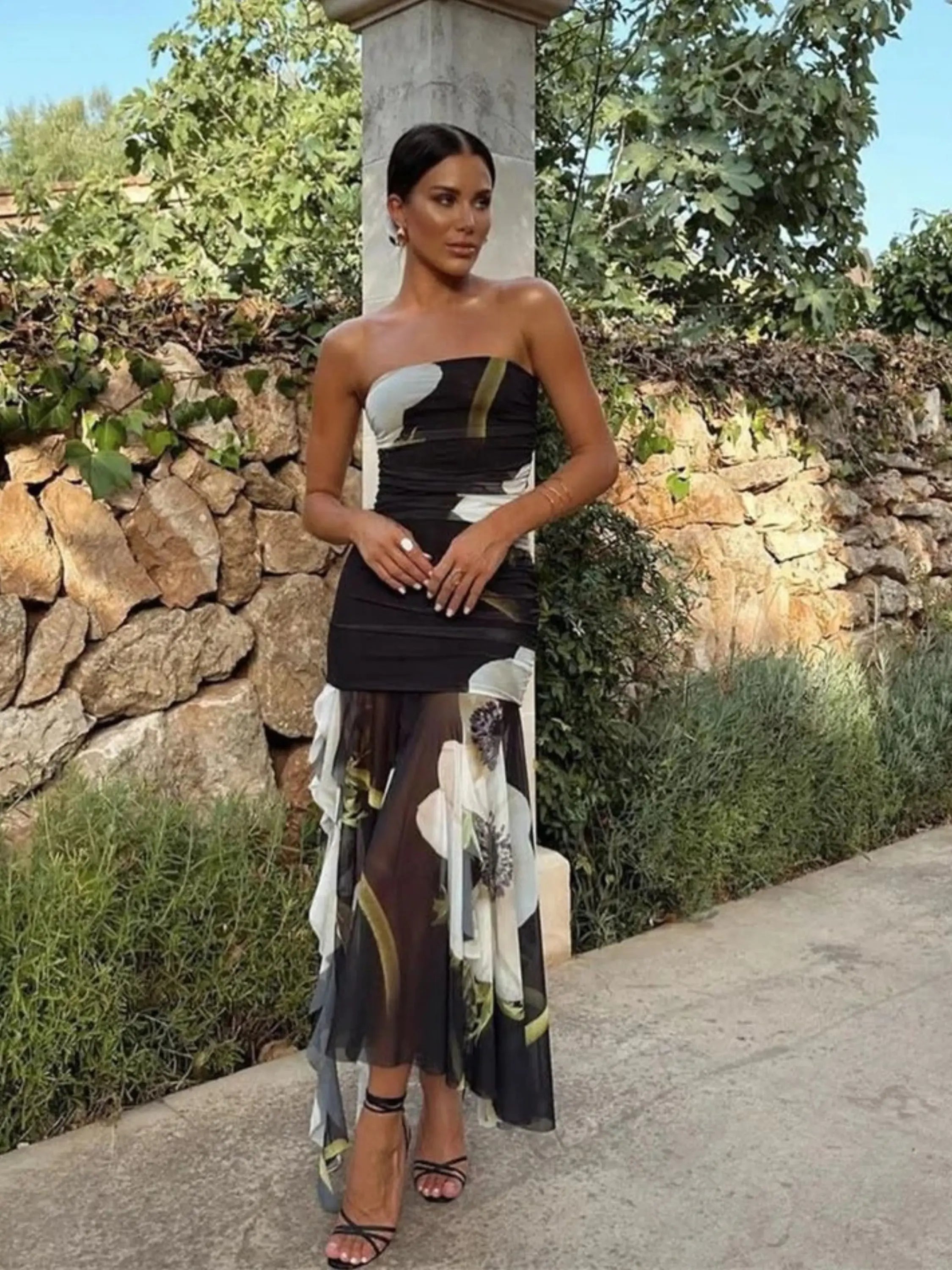 Elegant Strapless Floral Maxi Dress