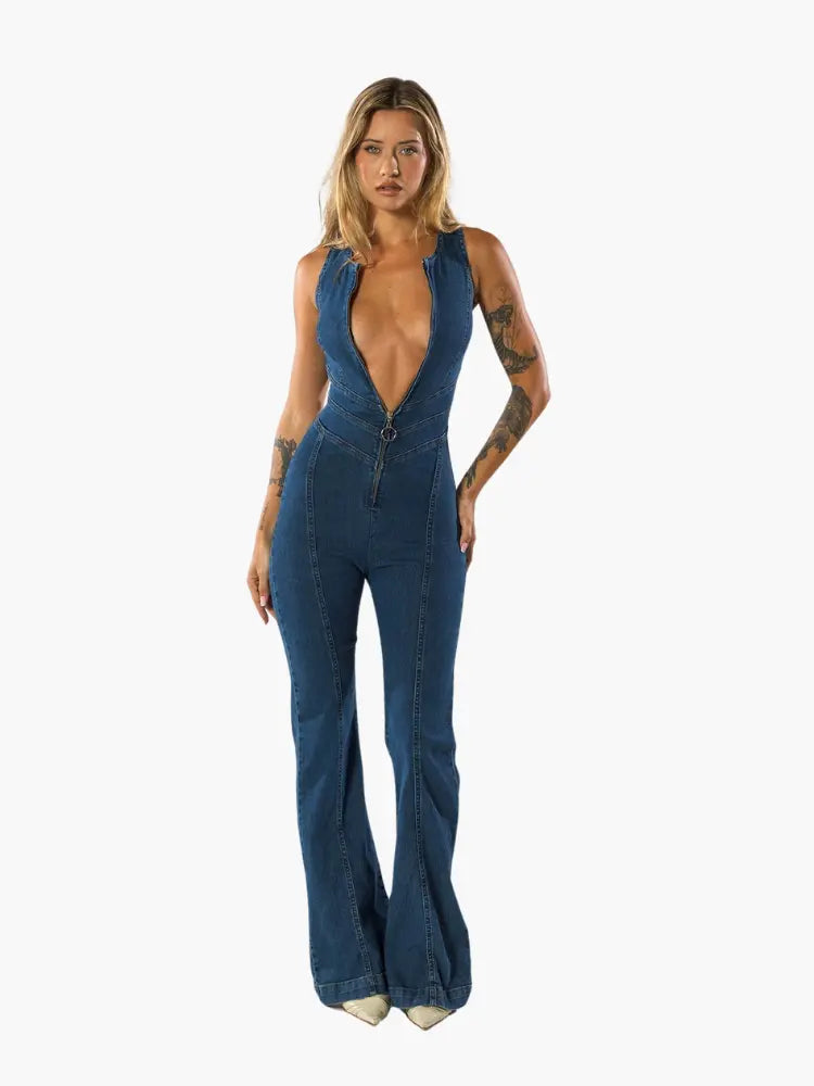 Vintage-Inspired Denim Jumpsuit with Deep V-Neck