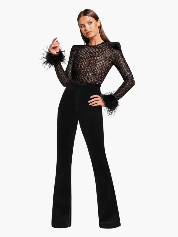 Black Velvet Jumpsuit with Sheer Metallic Top & Feathered Cuffs