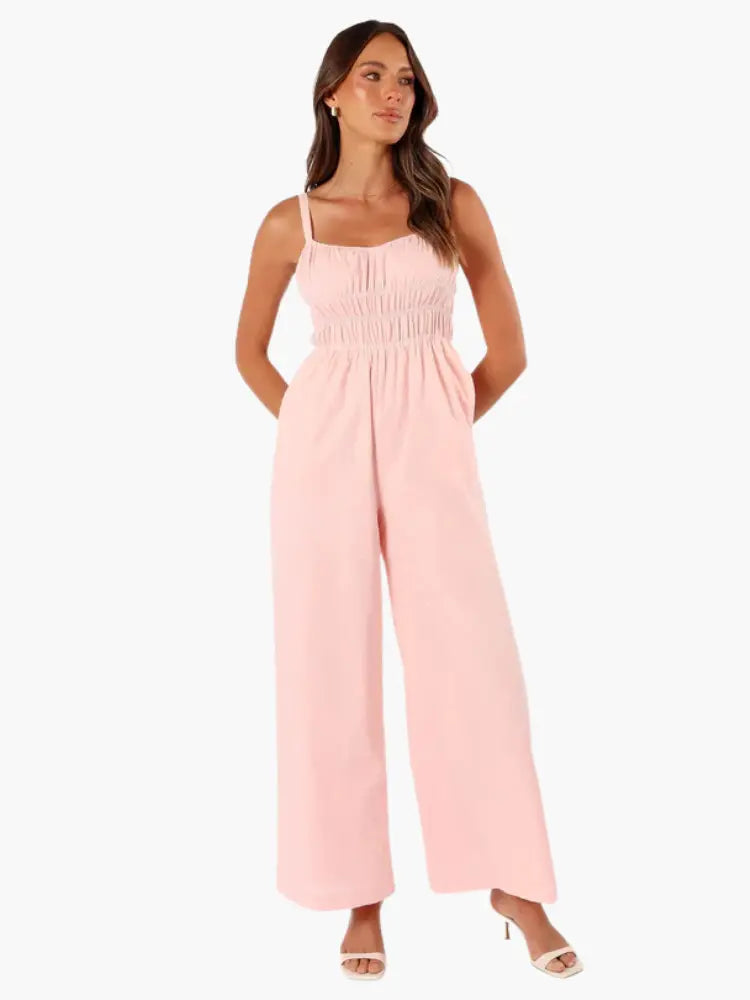 Wide-Leg Jumpsuit with Smocked Bodice