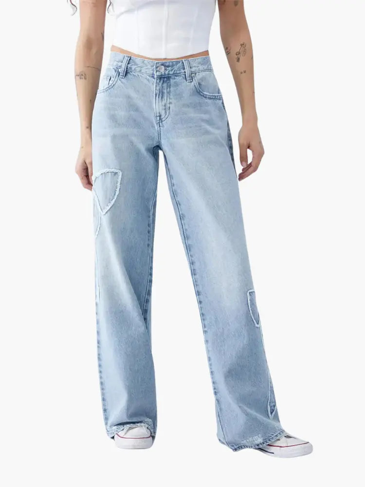 Light Wash Wide-Leg Jeans with Distressed Heart Detail
