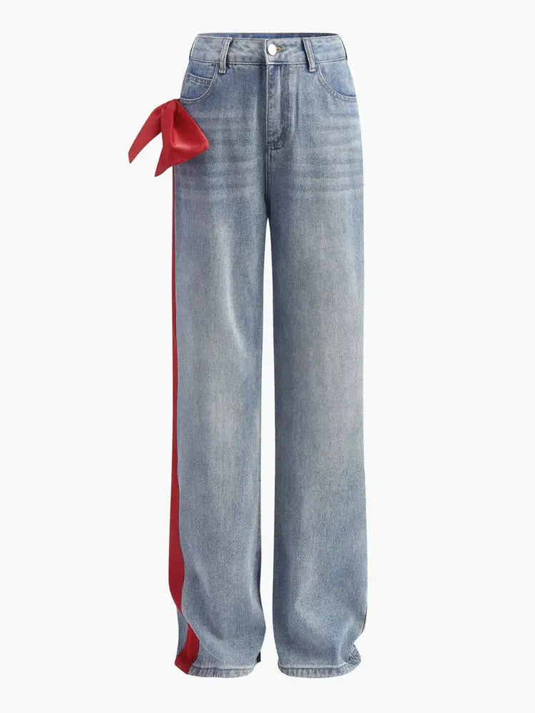 Wide-Leg Jeans with Red Side Ribbon Detail