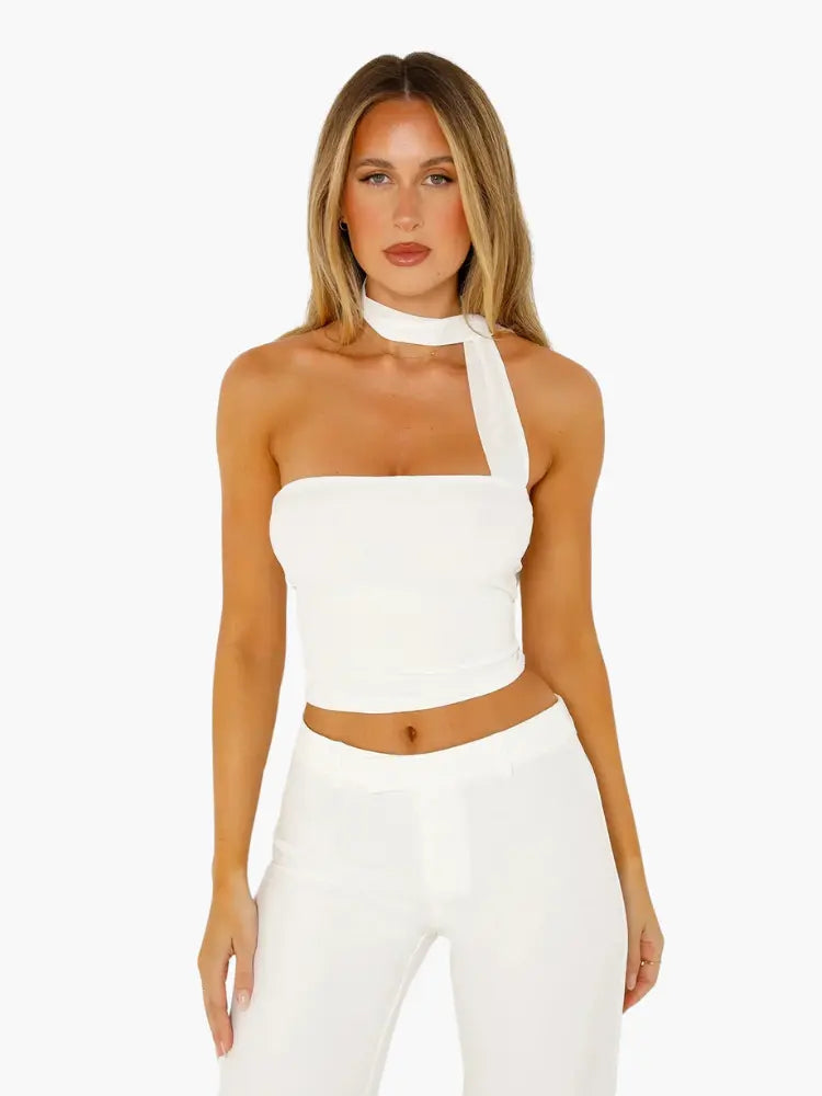 Strapless White Crop Top with Neck Scarf