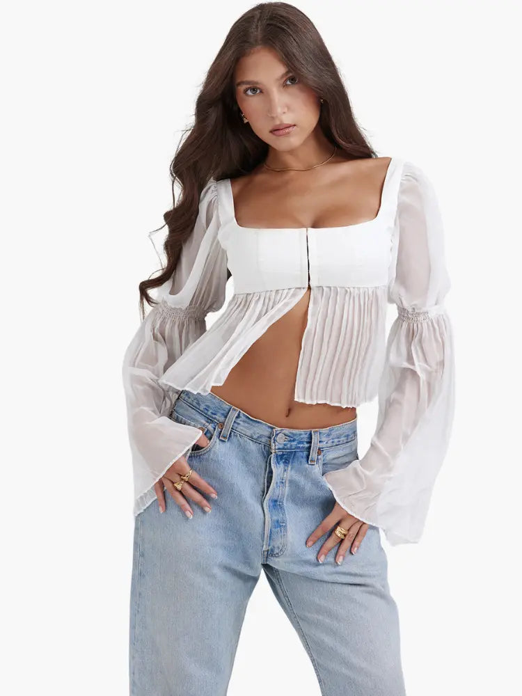 Romantic Square-Neck Sheer Blouse