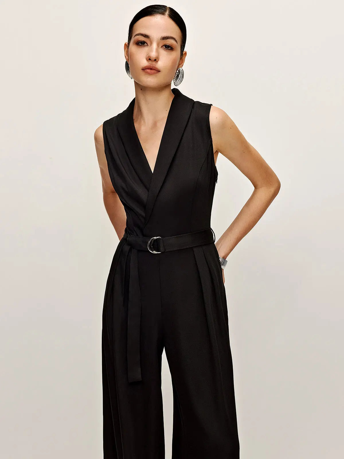 Black Sleeveless Wrap Jumpsuit with Belted Waist