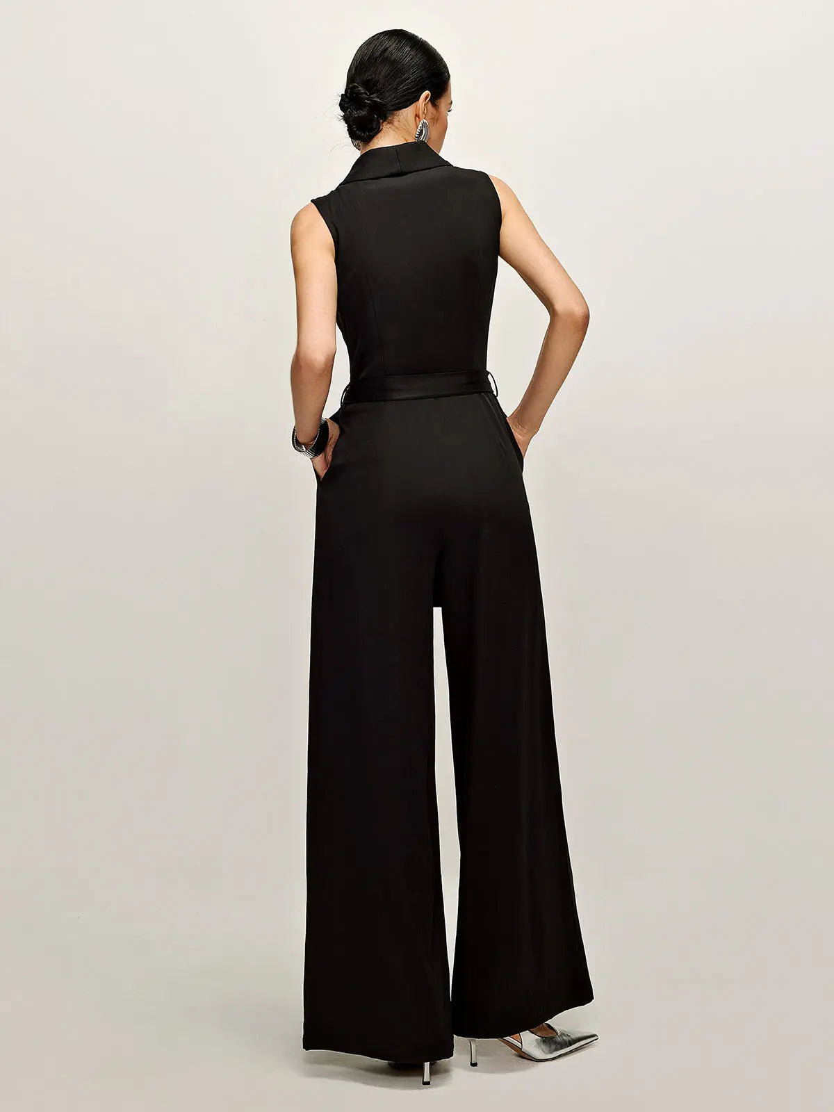 Black Sleeveless Wrap Jumpsuit with Belted Waist
