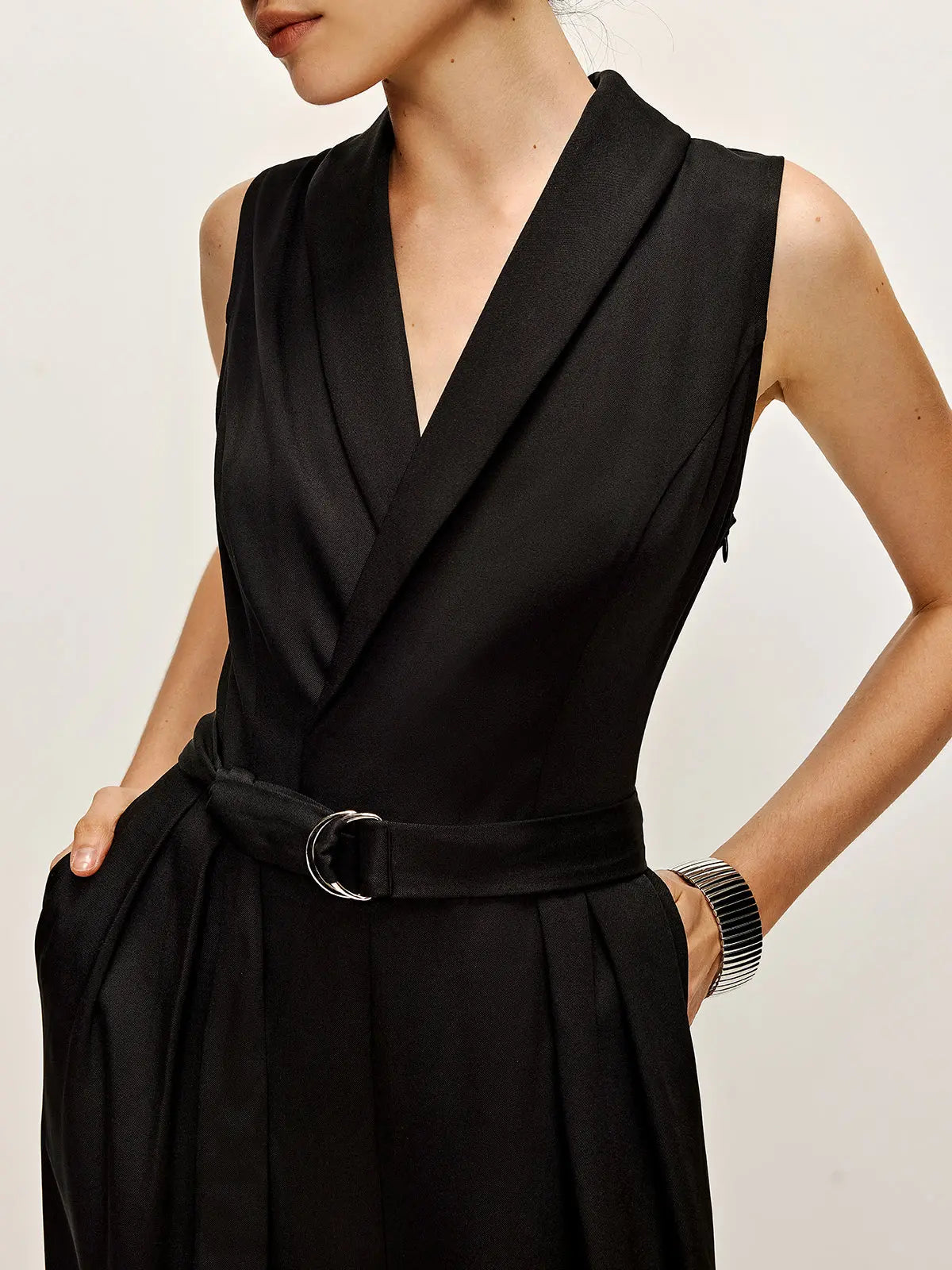 Black Sleeveless Wrap Jumpsuit with Belted Waist
