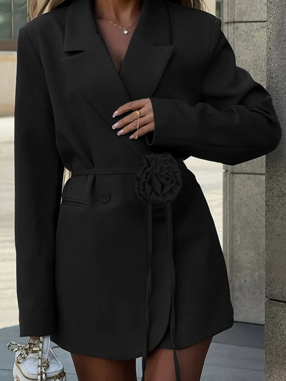 Black Blazer Dress with Floral Belt