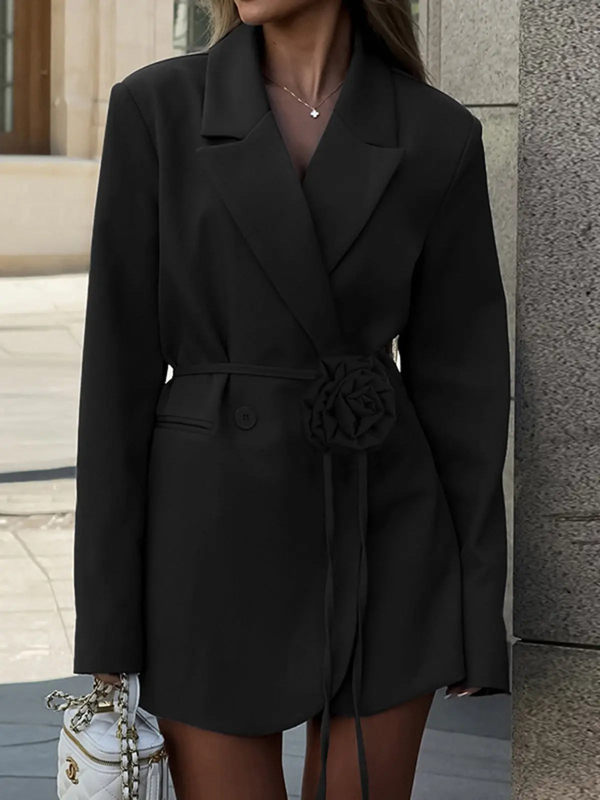 Black Blazer Dress with Floral Belt