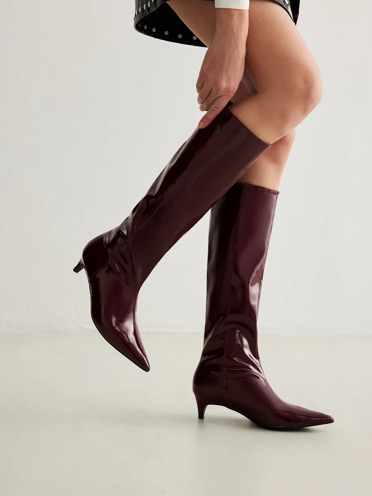 Glossy Knee-High Boots with Kitten Heel - Sophisticated and Sleek
