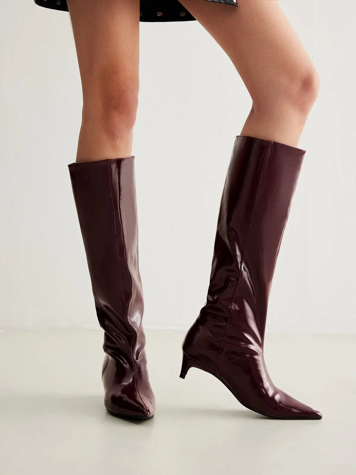 Glossy Knee-High Boots with Kitten Heel - Sophisticated and Sleek