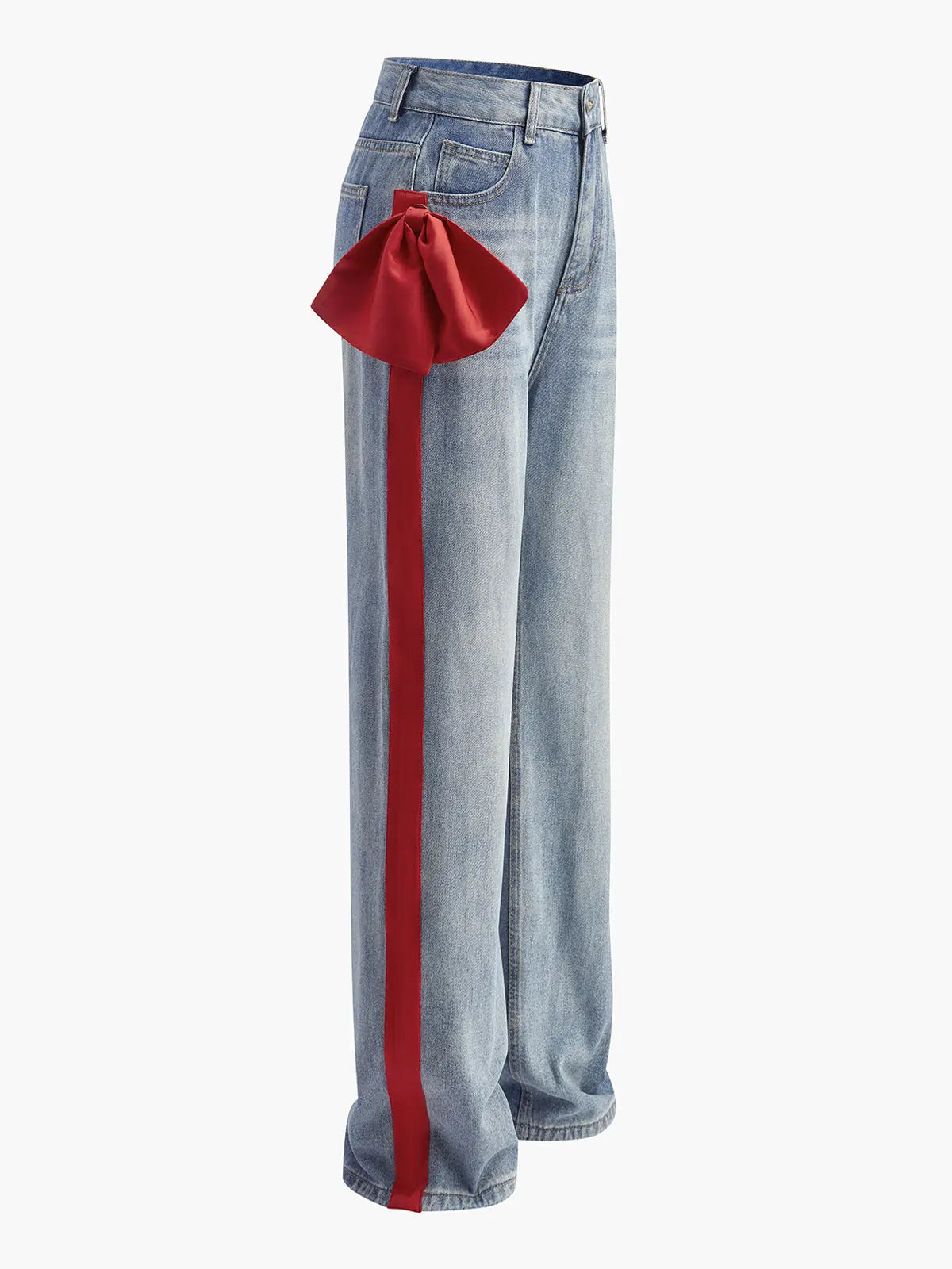 Wide-Leg Jeans with Red Side Ribbon Detail